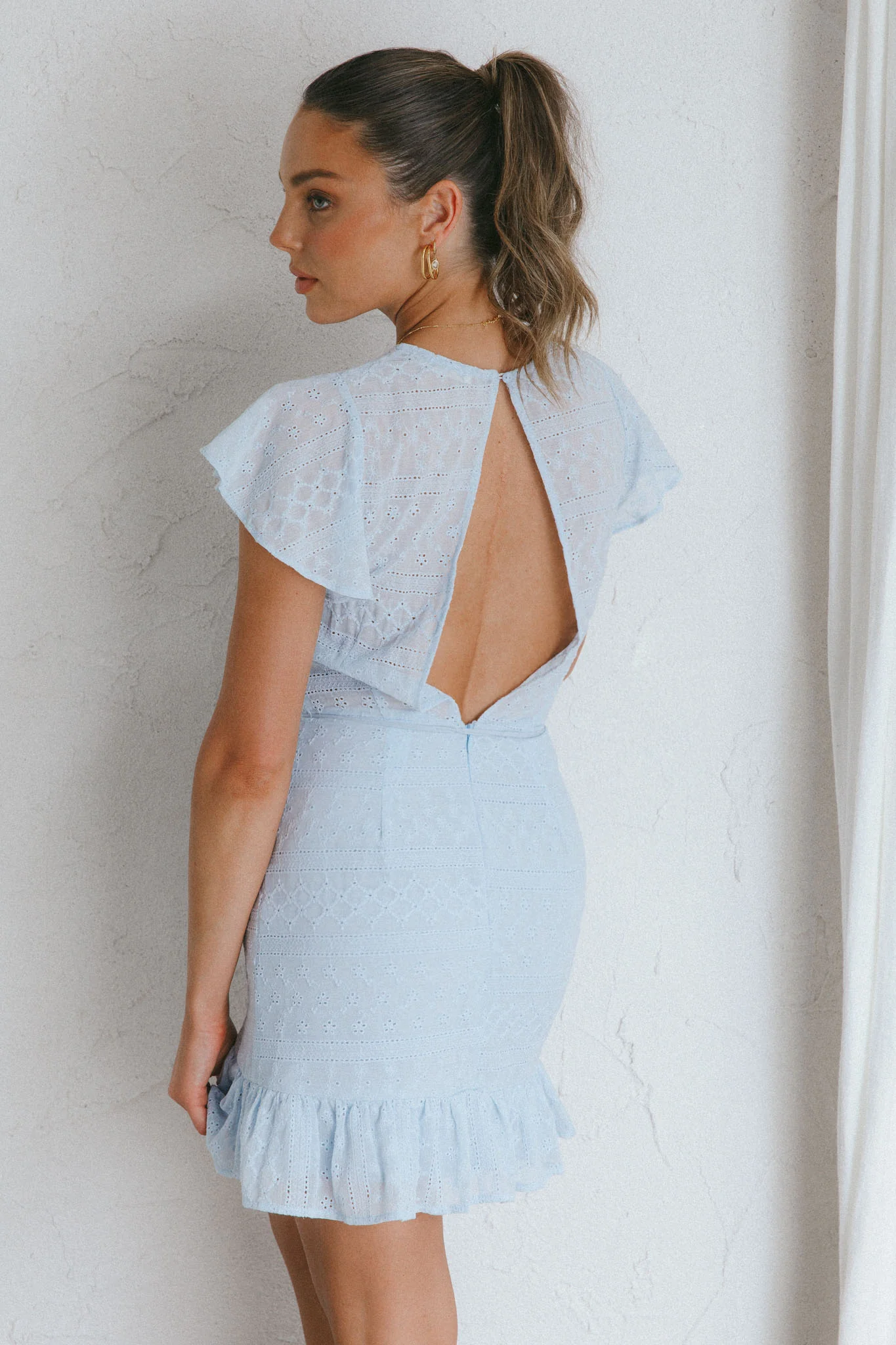 Moving On Flutter Sleeve String Tie Waist Eyelet Mini Dress Steel Blue - Seraphlike