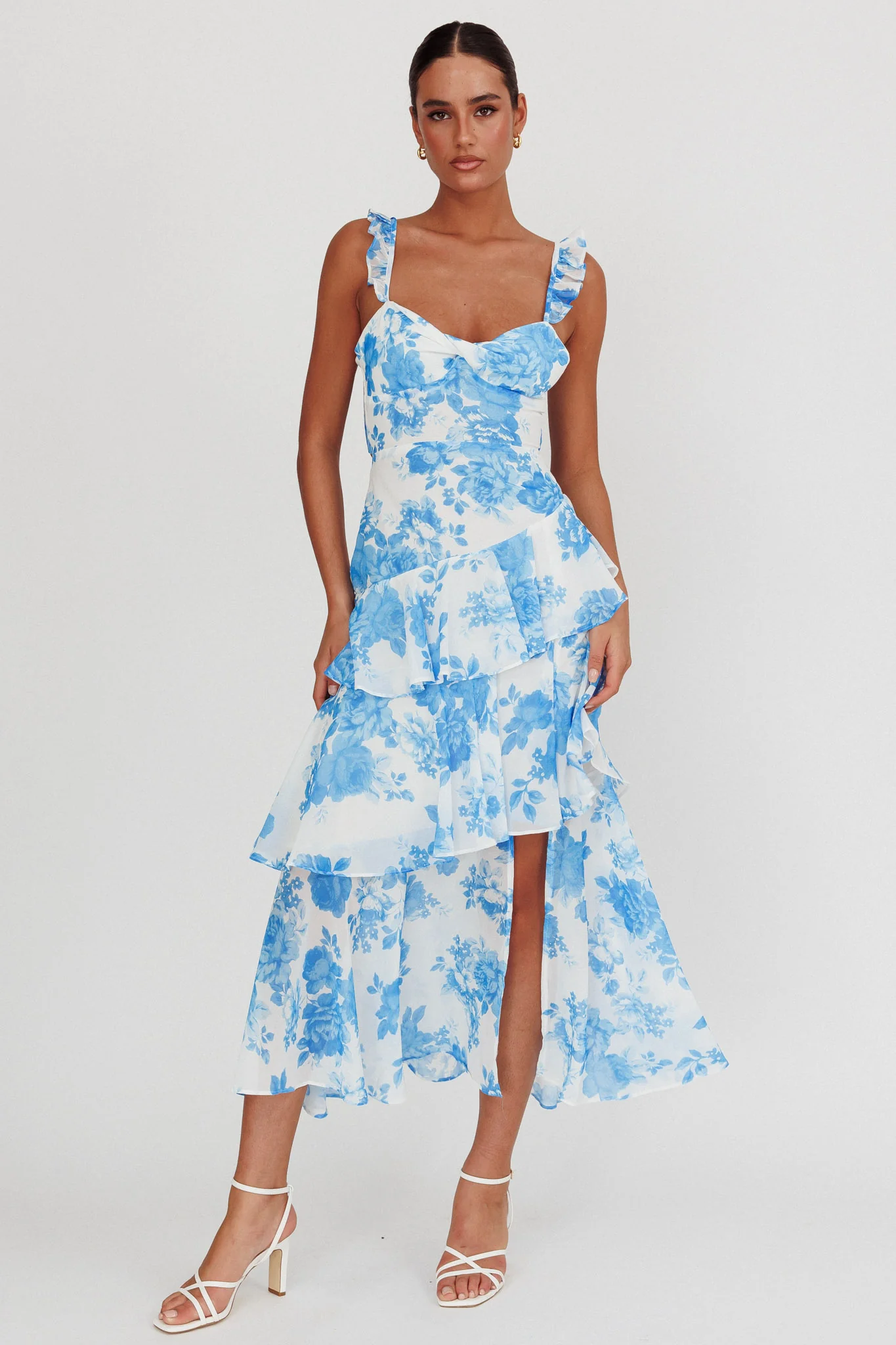 Veda Ruffle Strap Split Maxi Dress Floral White/Blue - Seraphlike