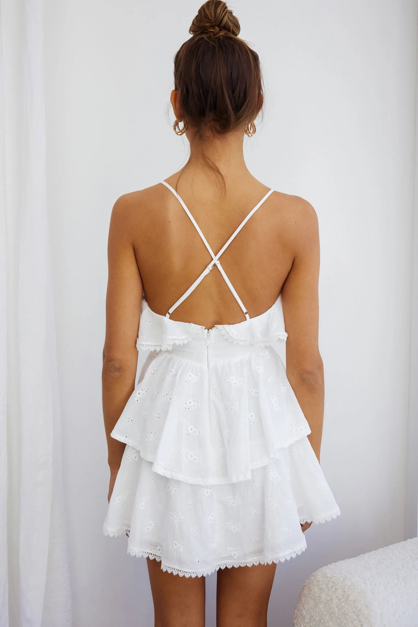 Tameka Ruffle Trim Layered Hem Eyelet Dress White - Seraphlike