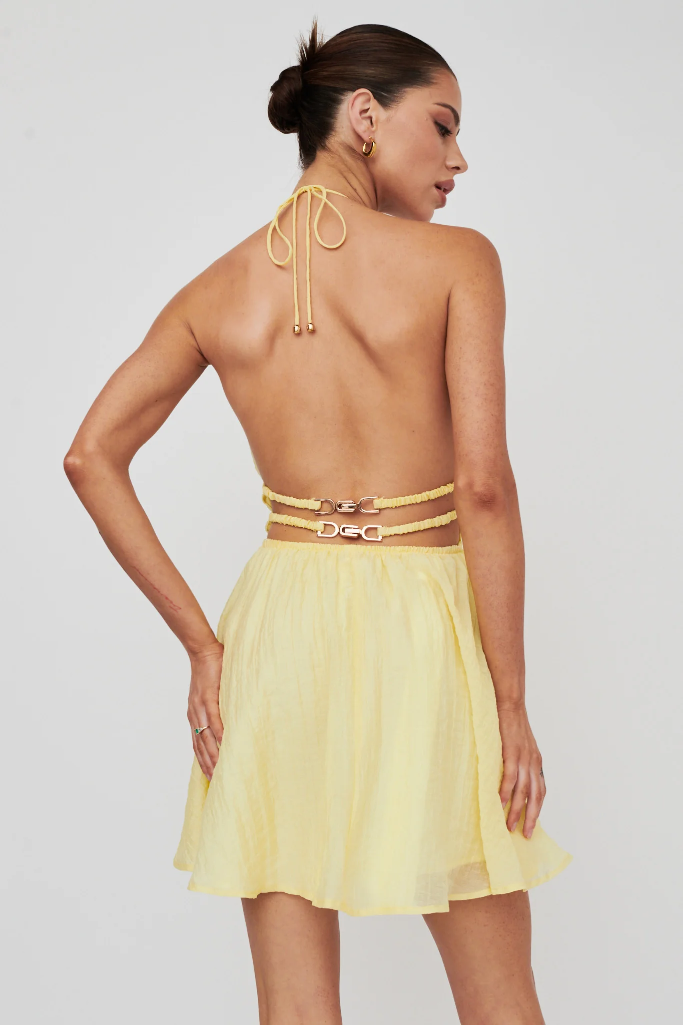 Cyndi Open Back Halterneck Mini Dress Lemon - Seraphlike