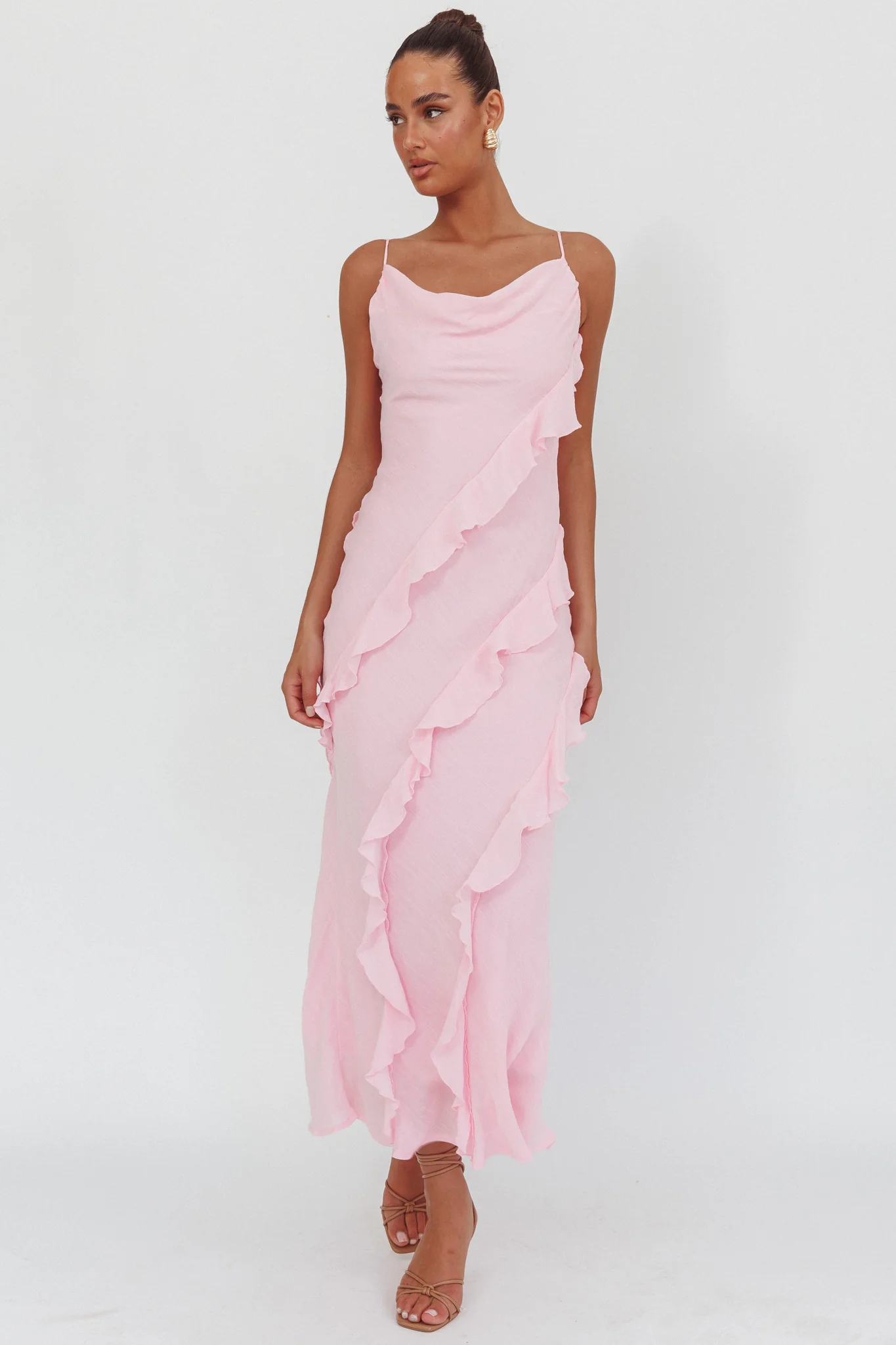 Panama Bay Ruffle Trim Cowl Neck Maxi Dress Pink - Seraphlike