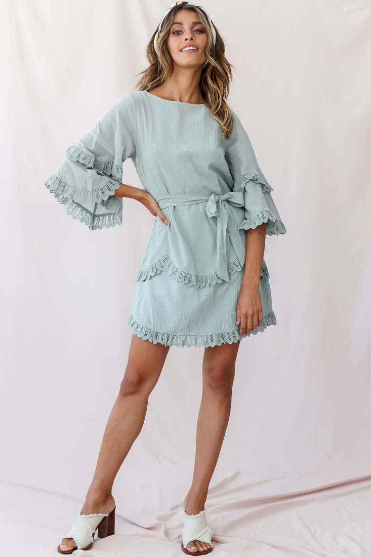 Talitha Waist Tie Lace Trim Dress Sage - Seraphlike