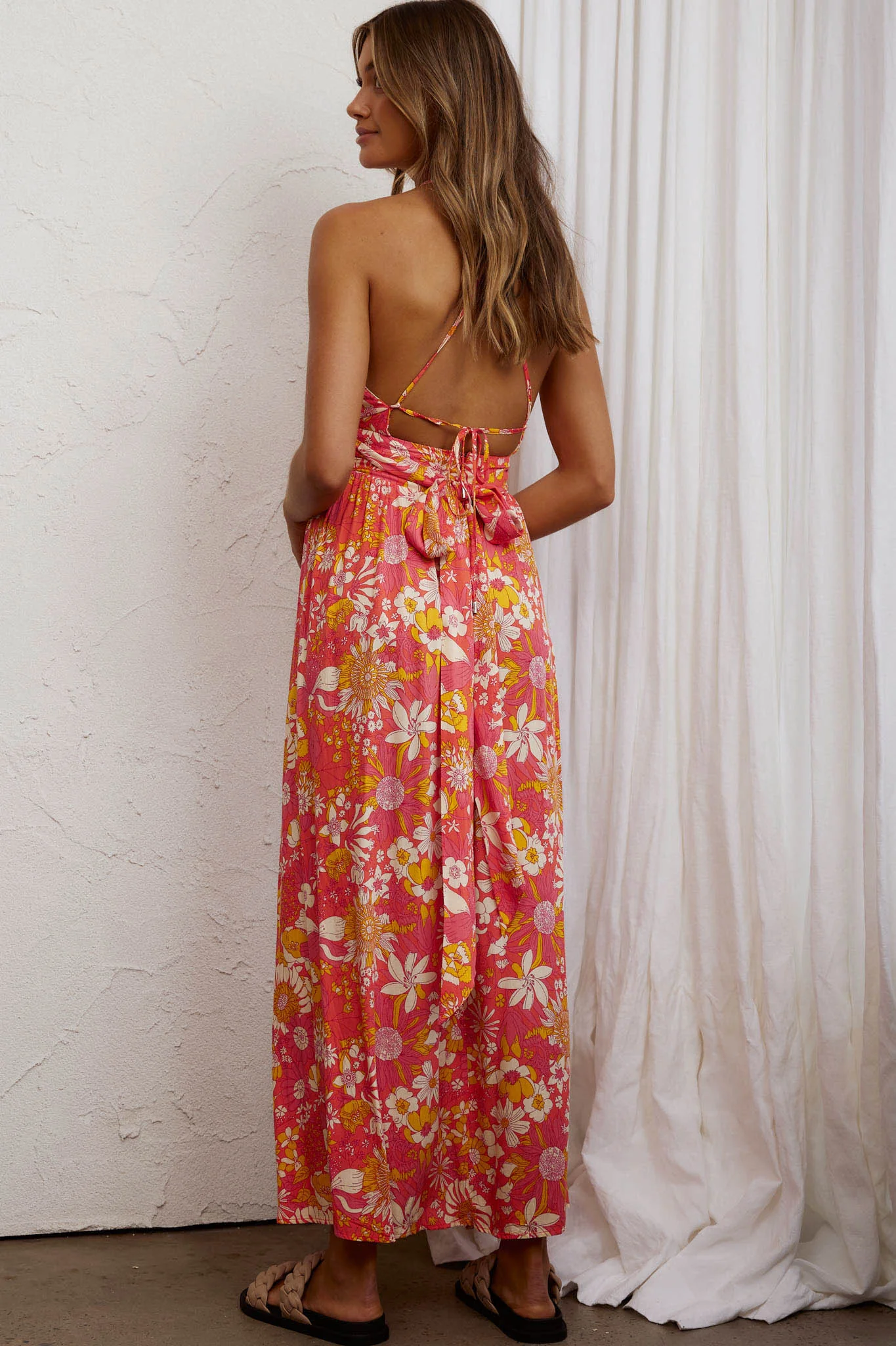 Athena High Split Maxi Dress Retro Floral Orange - Seraphlike