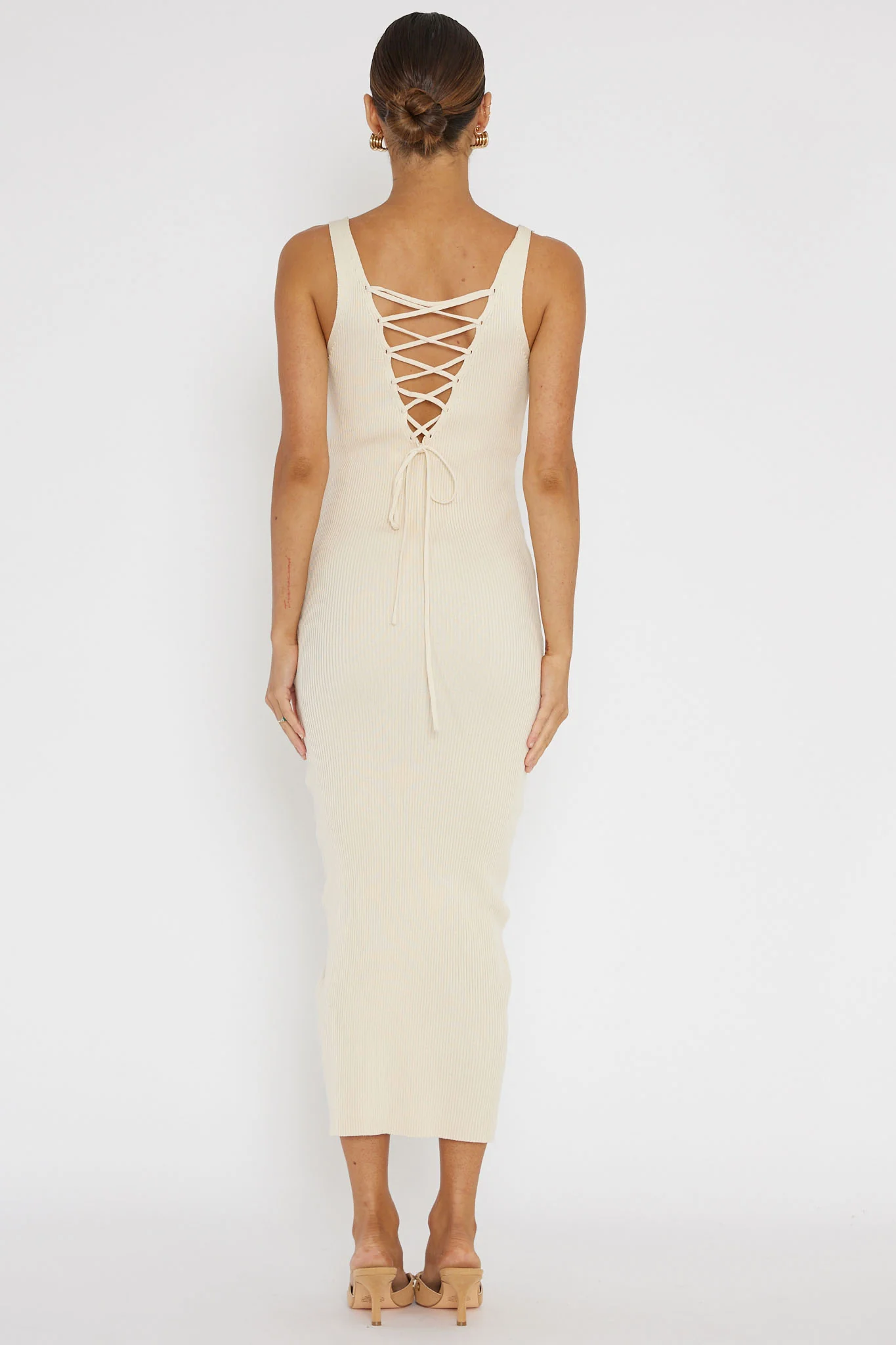 Linzi Lace-Up Back Knit Midi Dress Cream - Seraphlike