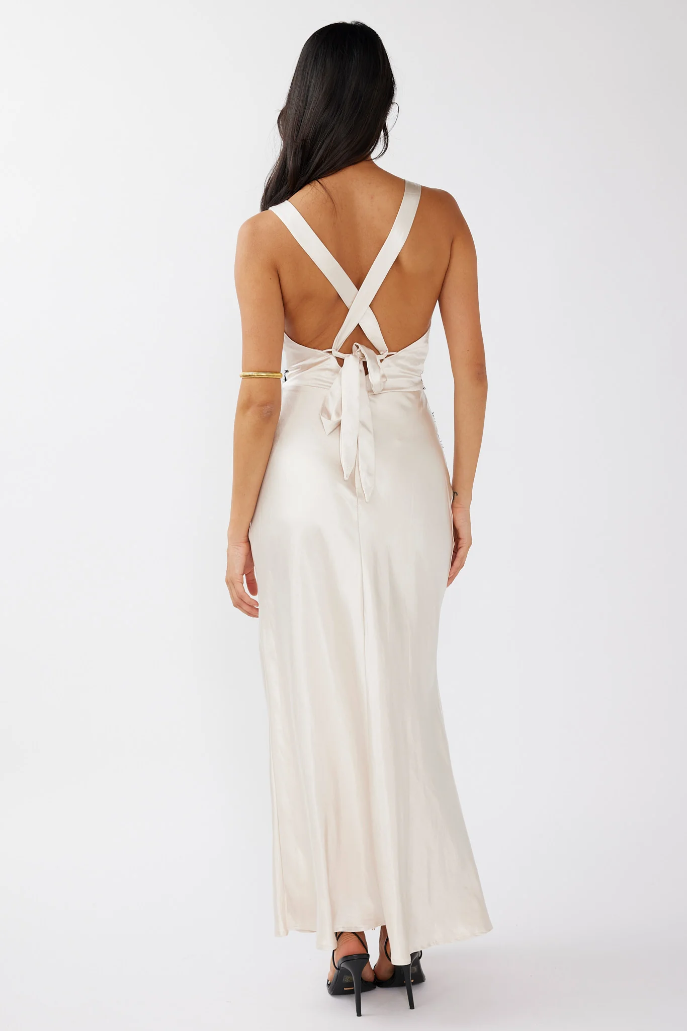 Theriz Lace Trim Tied Back Maxi Dress Champagne - Seraphlike