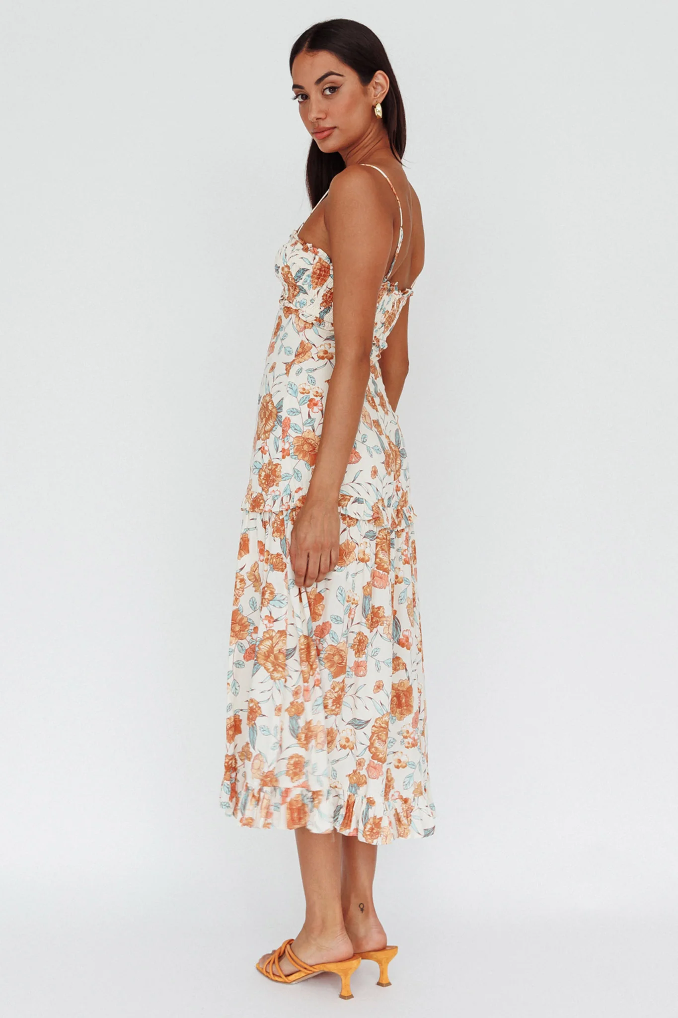 Everglow Shirred Bust Midi Dress Floral Beige - Seraphlike