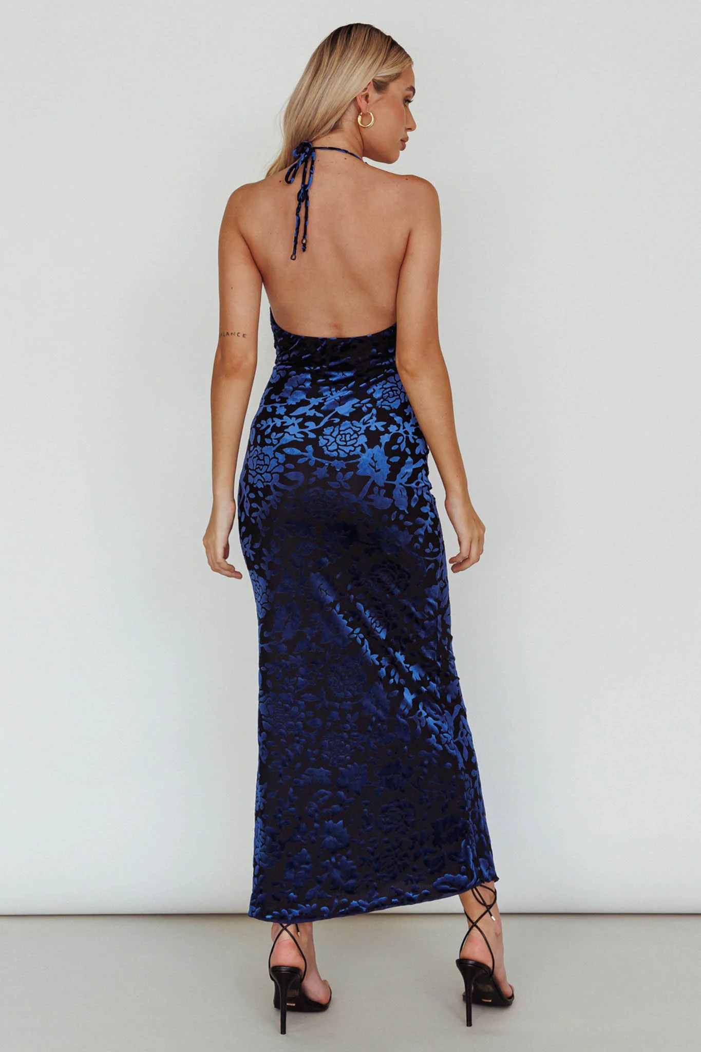 Byzantine Cowl Halterneck Midi Dress Floral Midnight Blue - Seraphlike