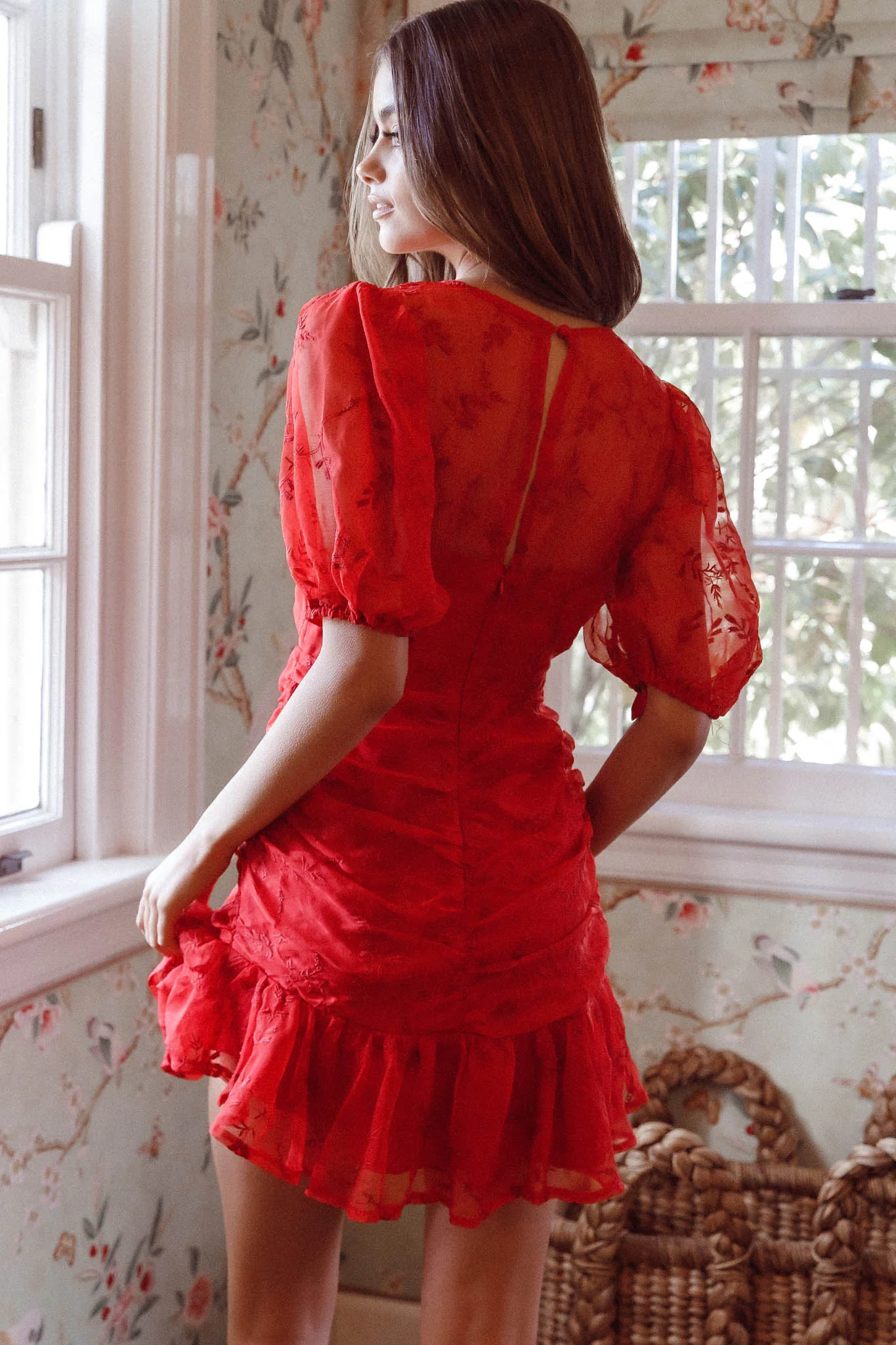 Cherry Blossom Puff Sleeve Wide Ruffle Hem Dress Red - Seraphlike