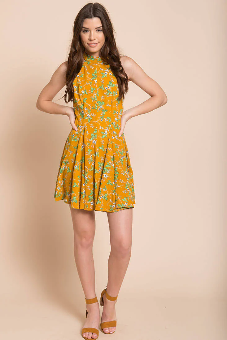 Janessa Floral Print Dress Mustard - Seraphlike