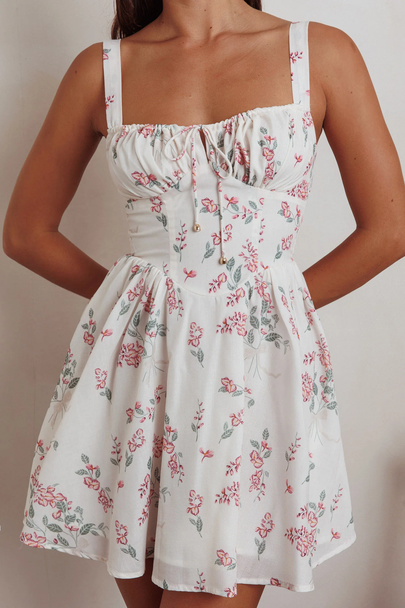 Seen The Light Tie Bust Mini Dress Floral Cream - Seraphlike