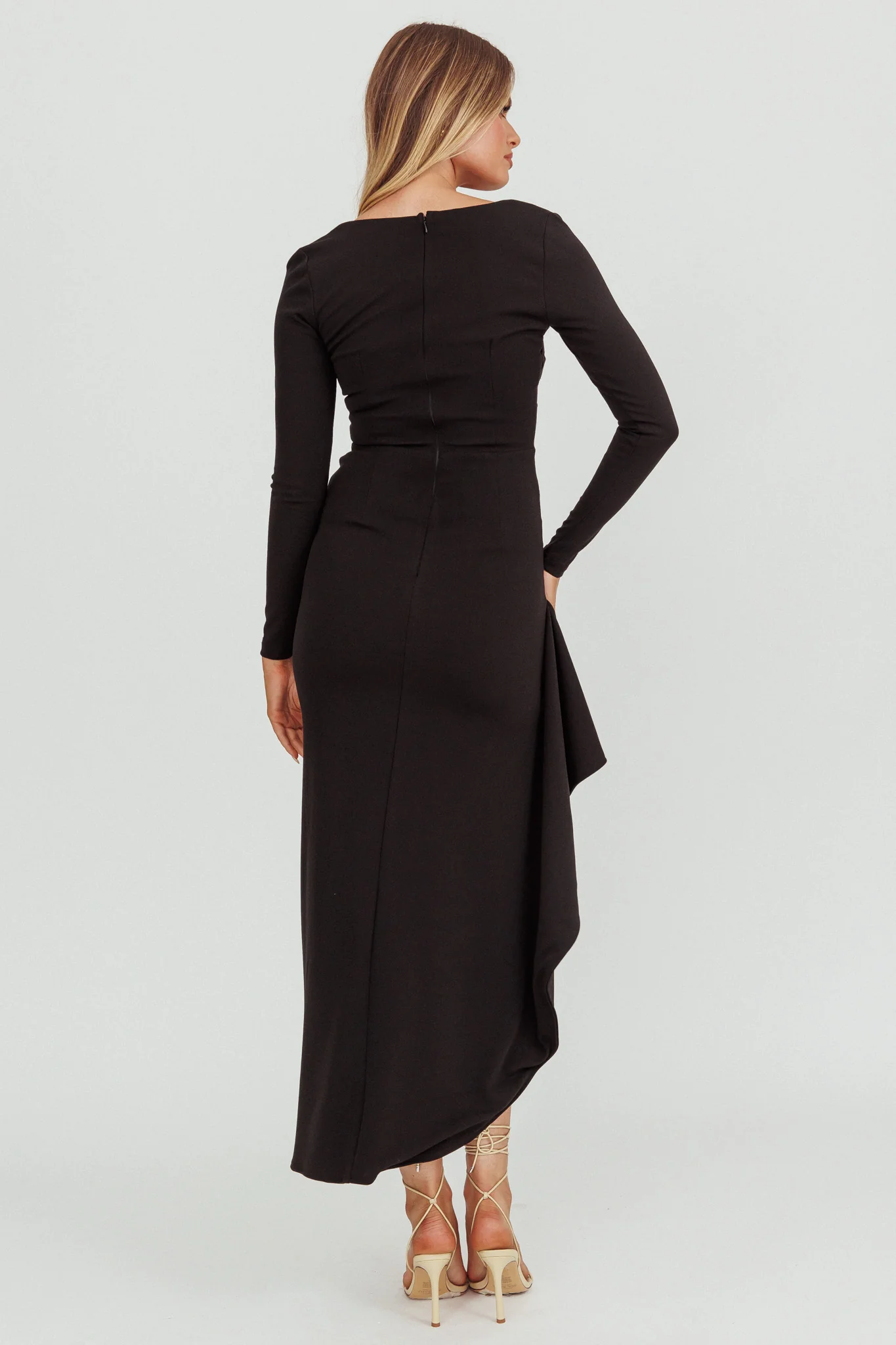 Cha Cha Long Sleeve Thigh Split Dress Black - Seraphlike