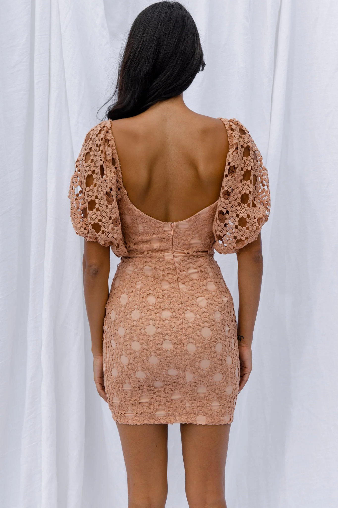 Catch Feelings Sweetheart Neckline Crochet Lace Overlay Dress Mocha - Seraphlike