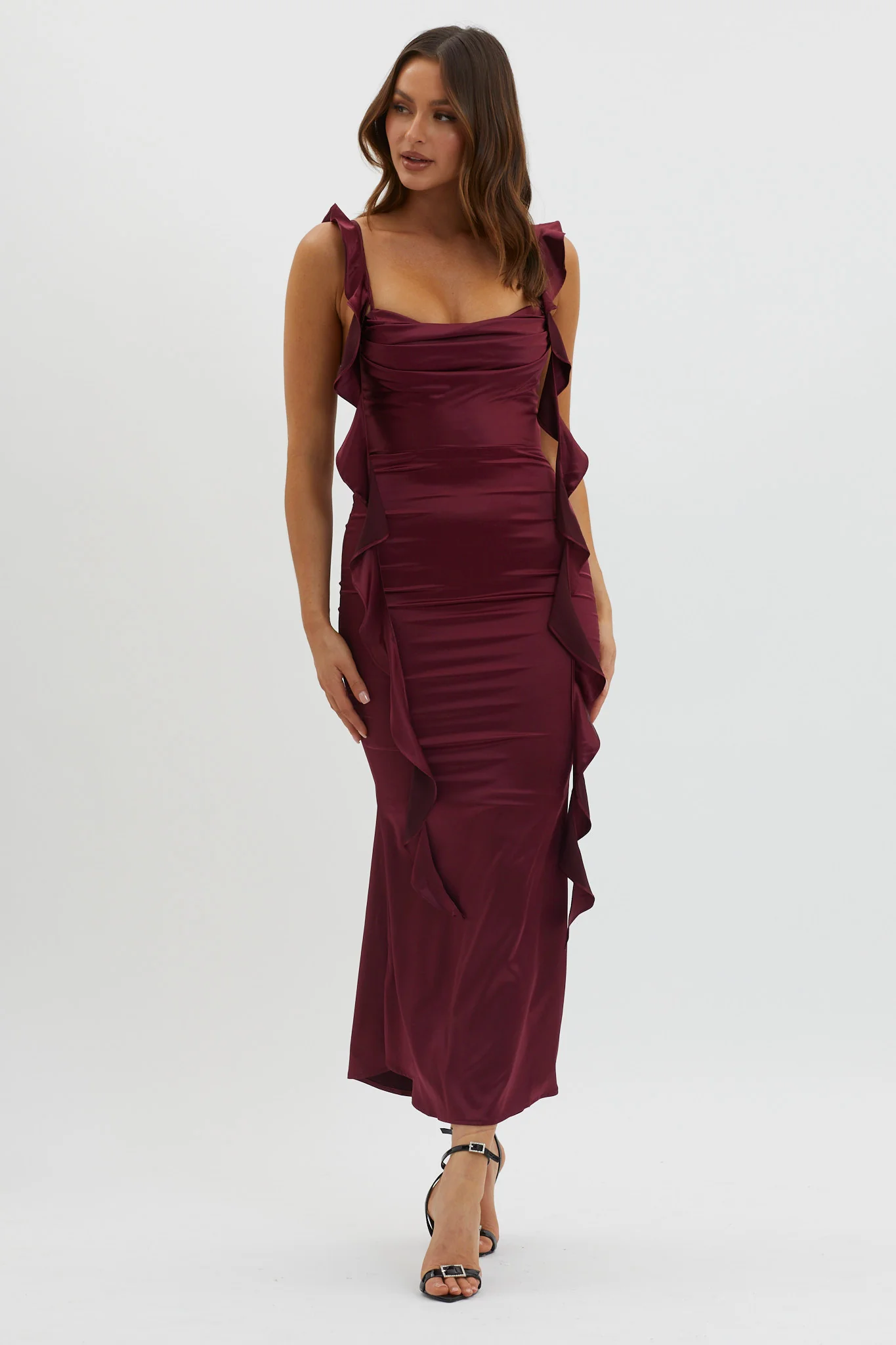Blushing Ruffle Trim Midi Dress Wine - Seraphlike
