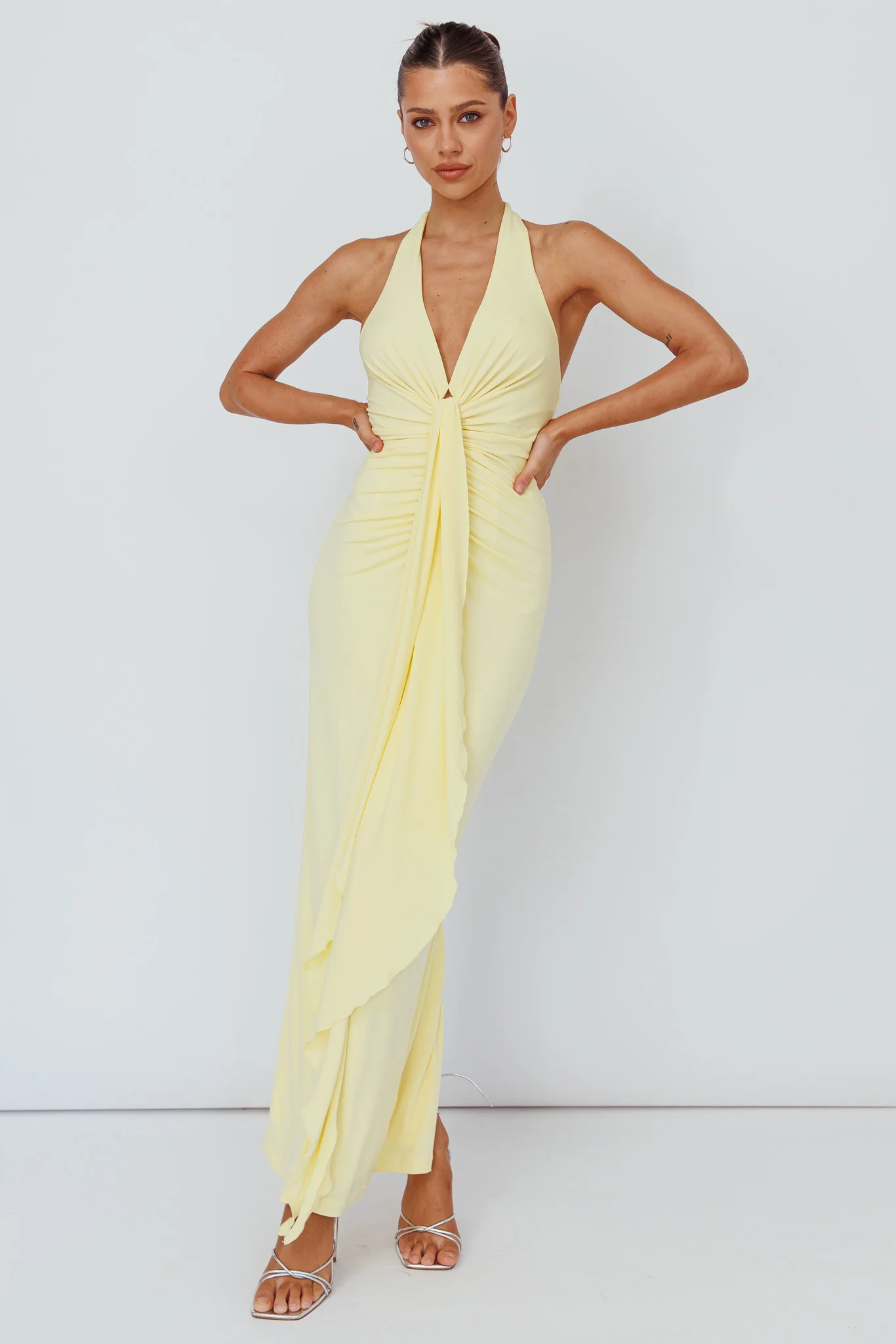 Ray Of Light Ruched Halterneck Maxi Dress Lemon - Seraphlike