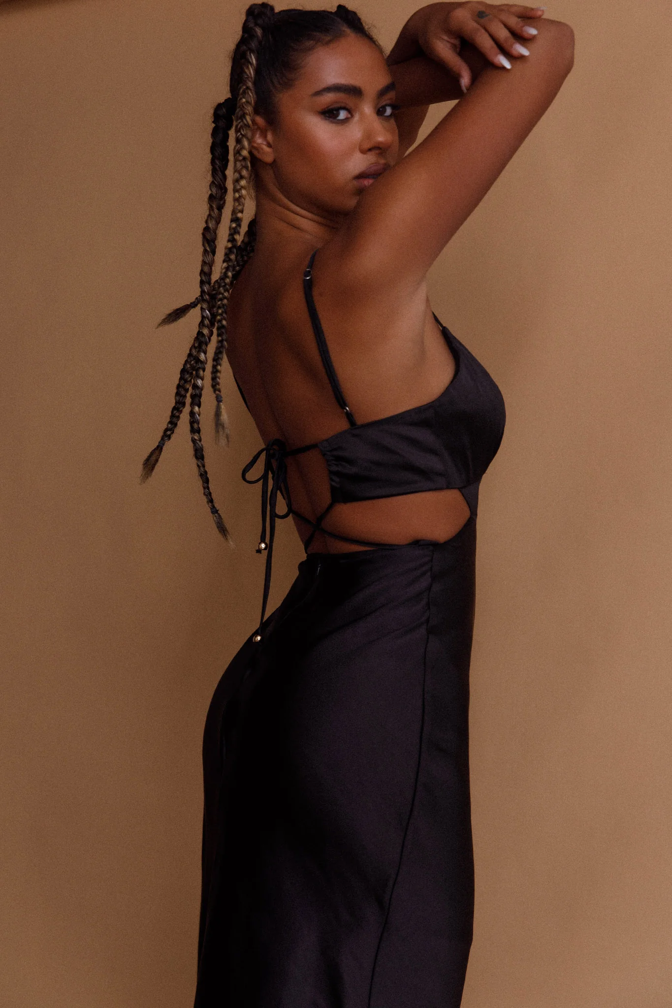 City Lights Cut-Out Waist Strappy Back Midi Dress Black - Seraphlike