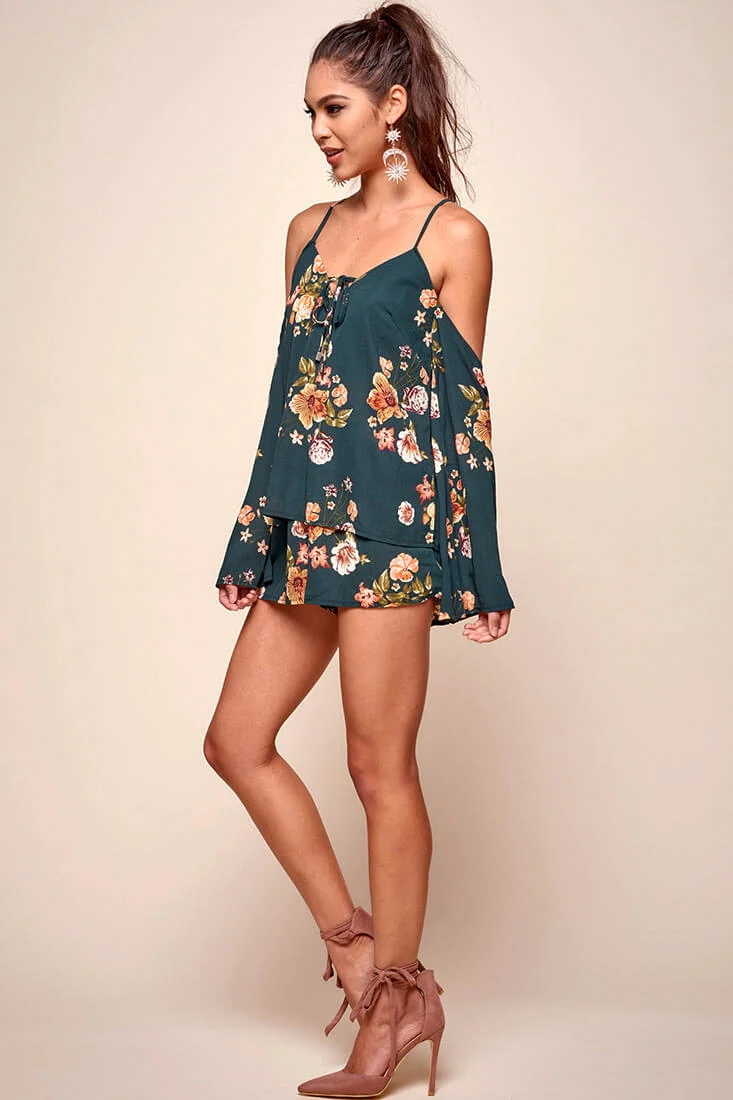 Ashanti Off the Shoulder Layered Floral Romper Khaki - Seraphlike