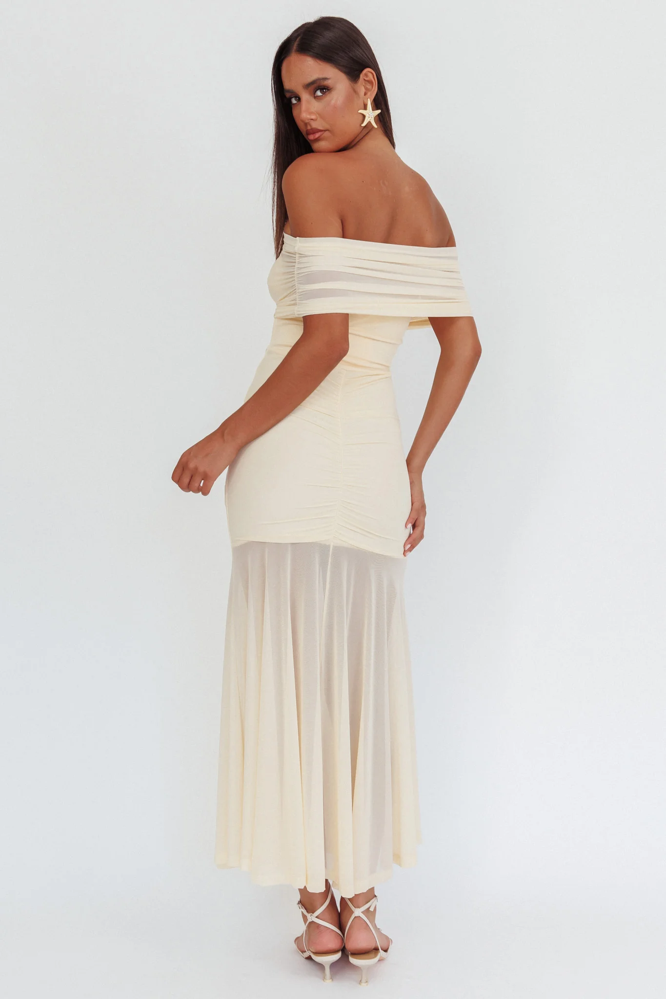 Clarita Sheer Ruched Maxi Dress Cream - Seraphlike