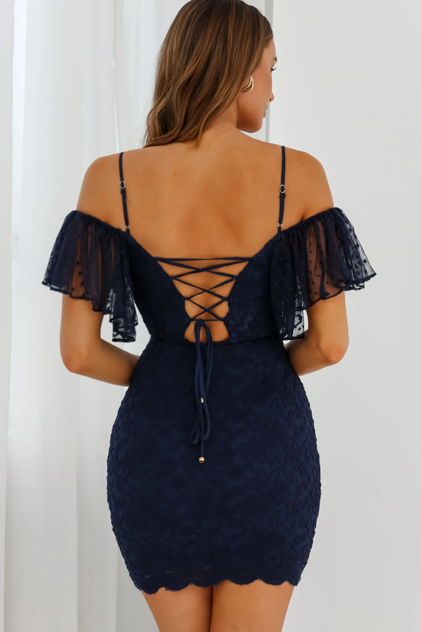Maribel Hail Spot Sleeve Lace-Up Back Lace Mini Dress Navy - Seraphlike
