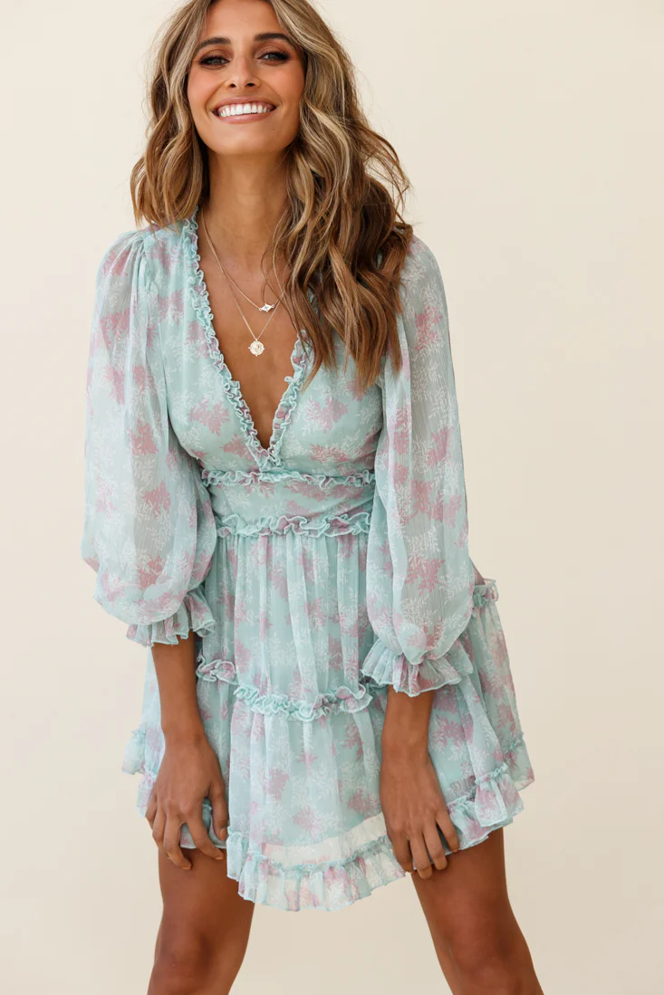 Laney Cutout Back Ruffle Trim Dress Leaves Print Mint - Seraphlike