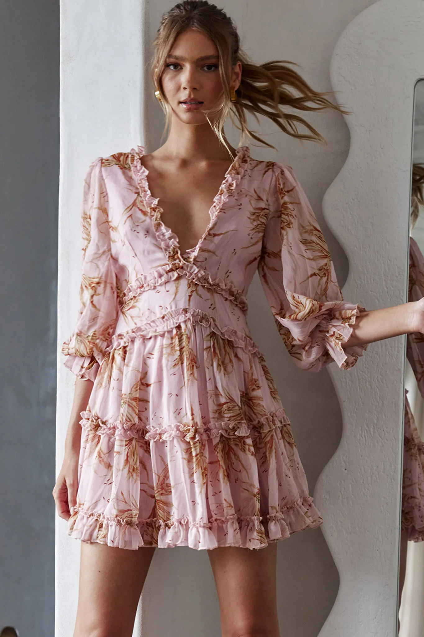 Laney Cutout Back Ruffle Trim Dress Lily Print Pink - Seraphlike