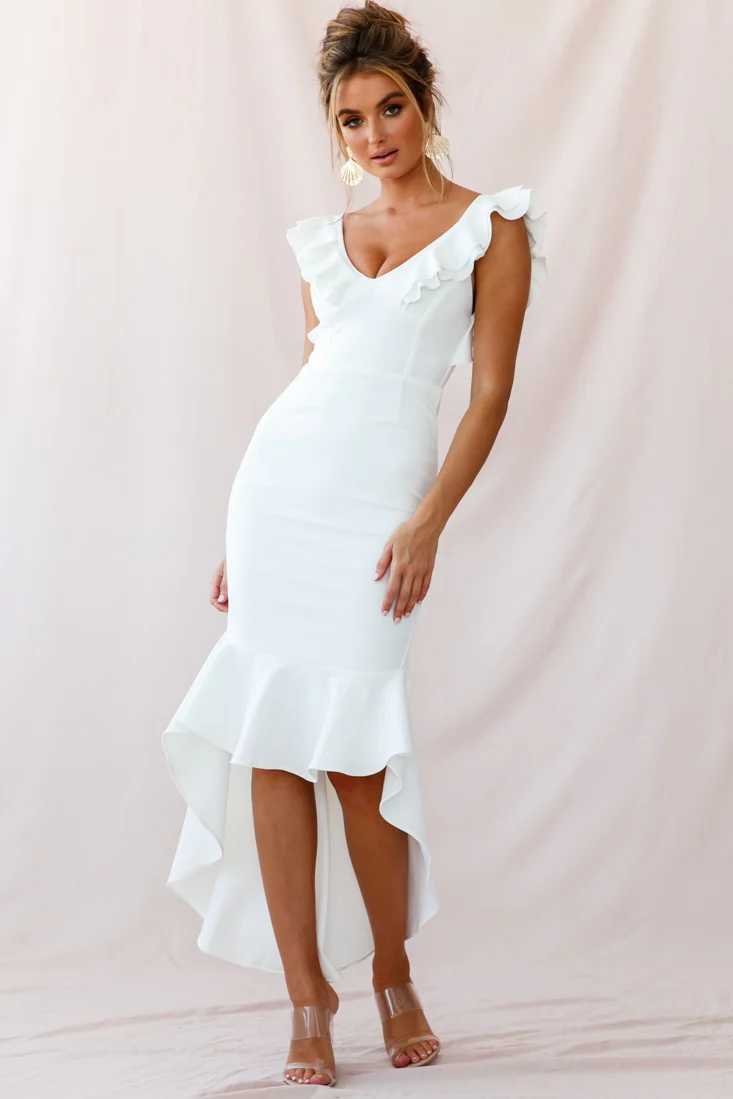 Pearl Ruffle Strap High-Low Hem Dress White - Seraphlike