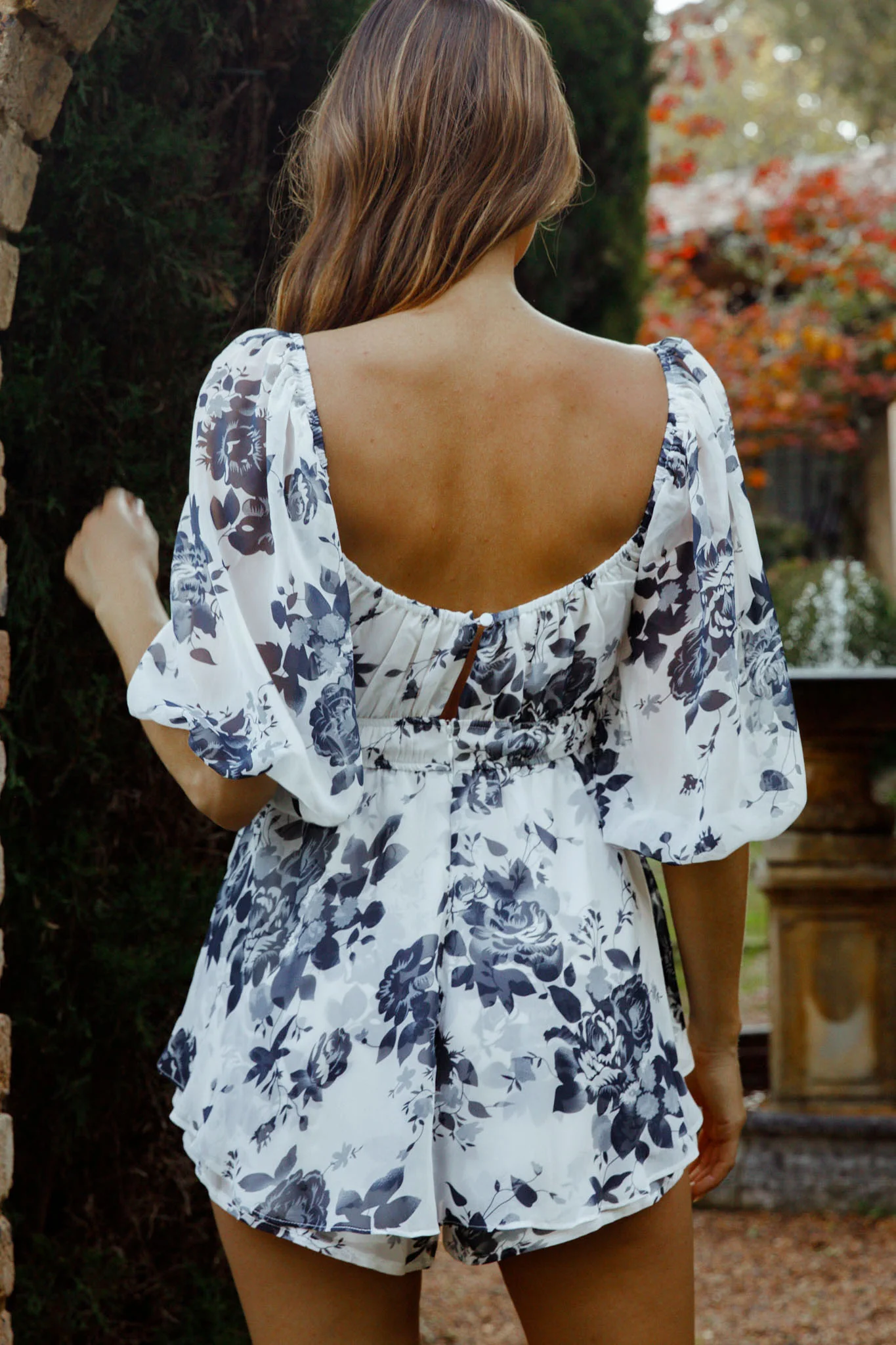 First Light Puff Sleeve Elasticated Waist Romper Floral Print Ink - Seraphlike