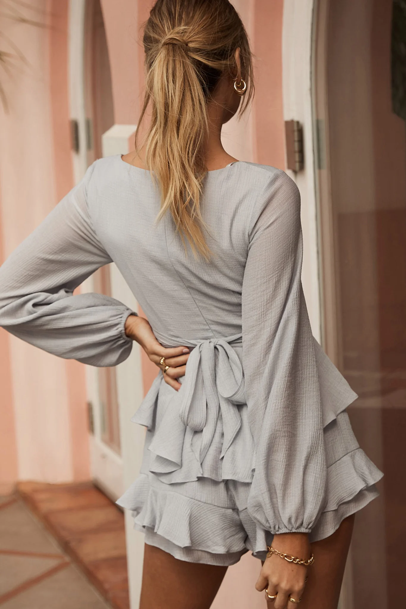 Wendy Ruched Bust Long Sleeve Ruffle Romper Grey - Seraphlike