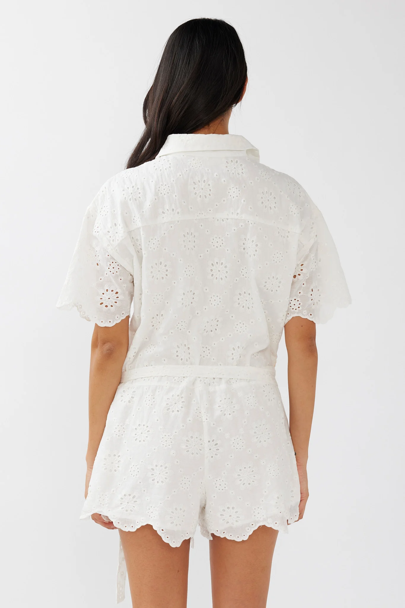 Junie Eyelet Embroidery Waist Tie Romper White - Seraphlike