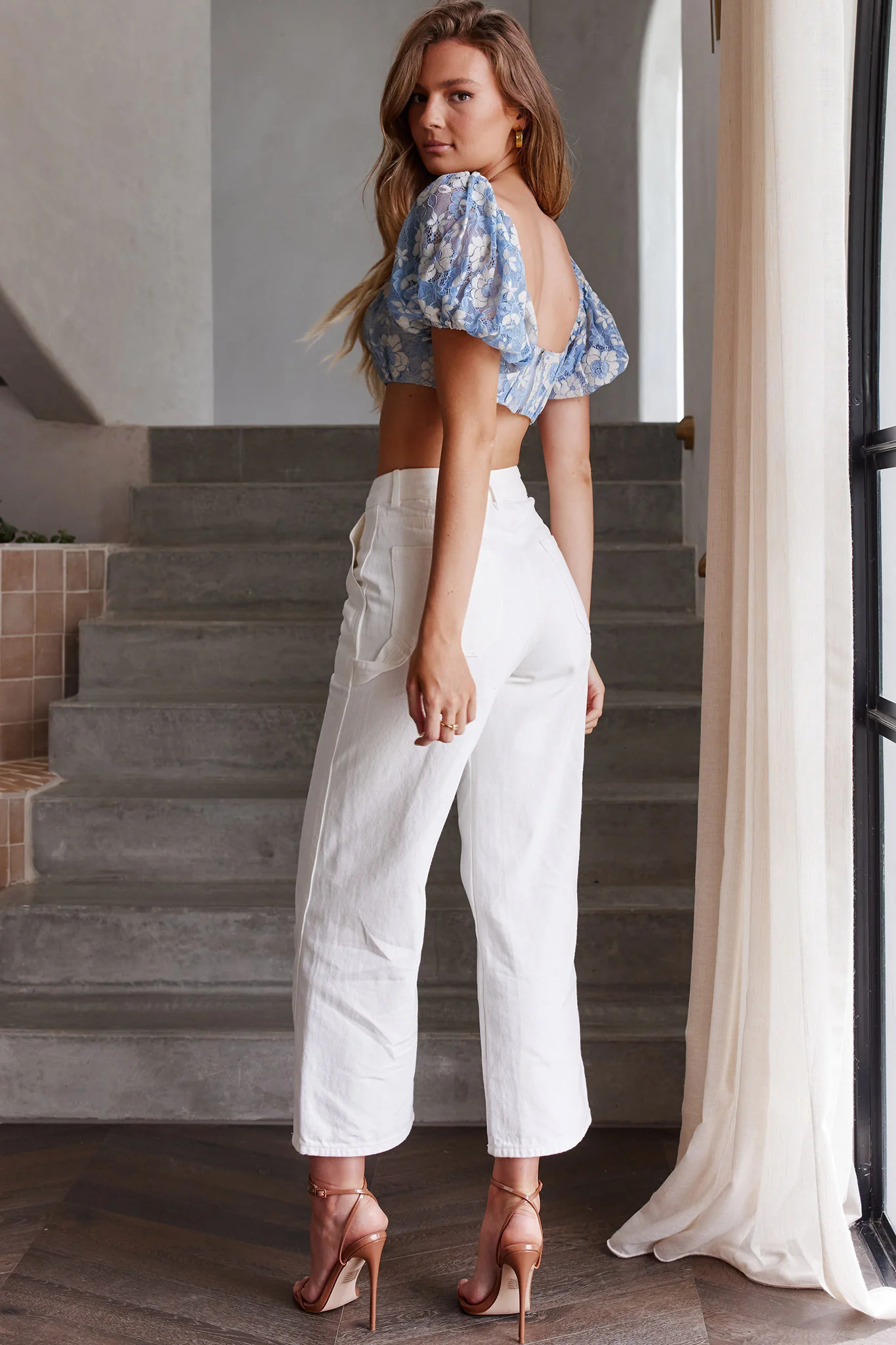 Aimee Puff Sleeve Floral Lace Crop Top Blue - Seraphlike