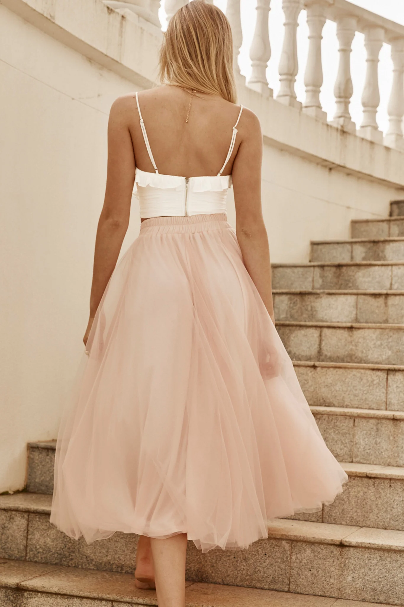 Jasmine Organza Mesh Elasticated Waist Midi Skirt Baby Pink - Seraphlike