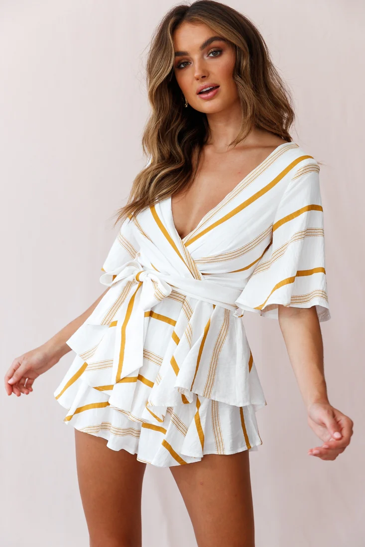Happy Hour Deep V-Neckline Open Back Romper Stripe Print Mustard - Seraphlike