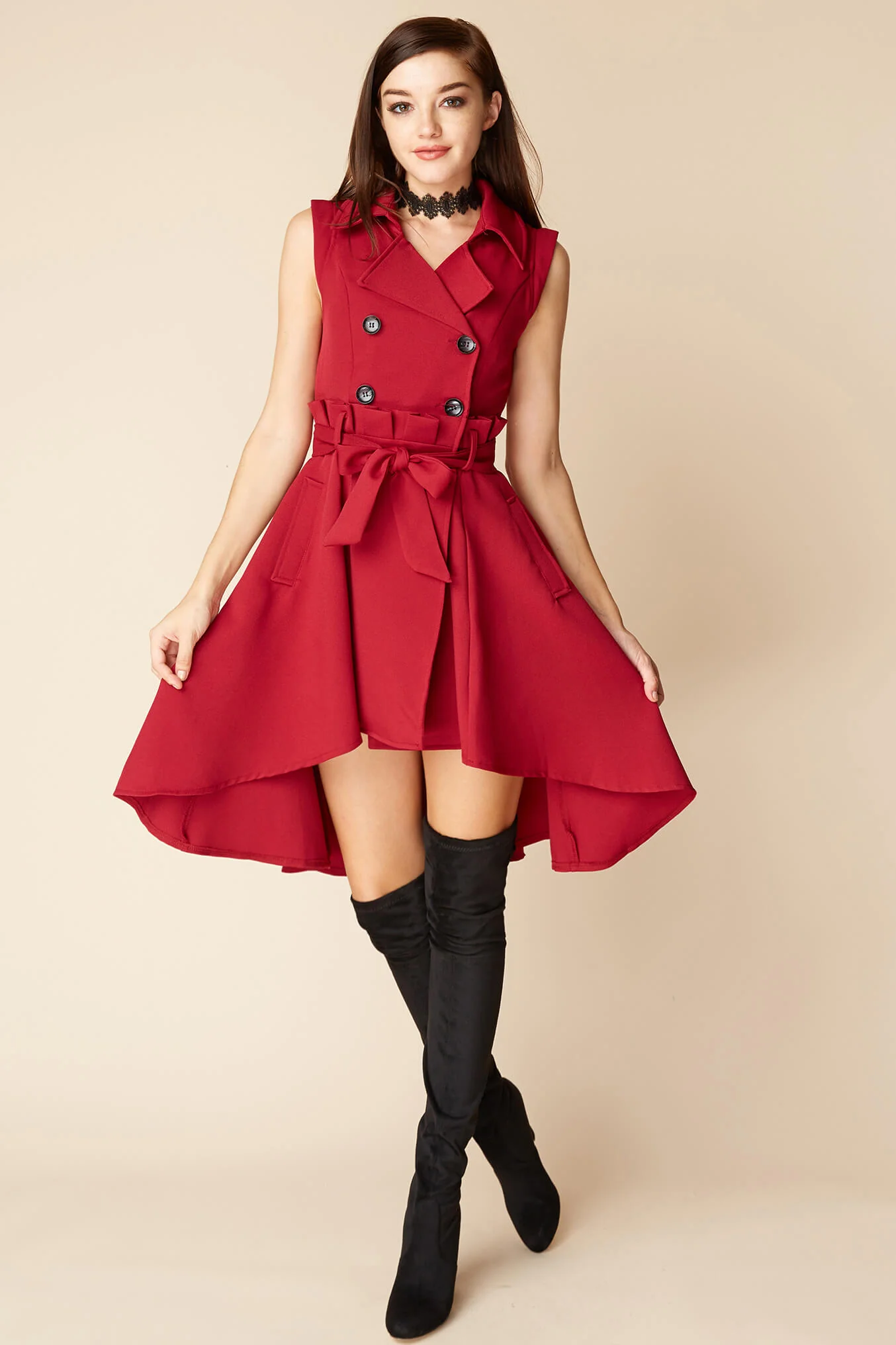 Harvard Bow Tie Trench Dress Red - Seraphlike