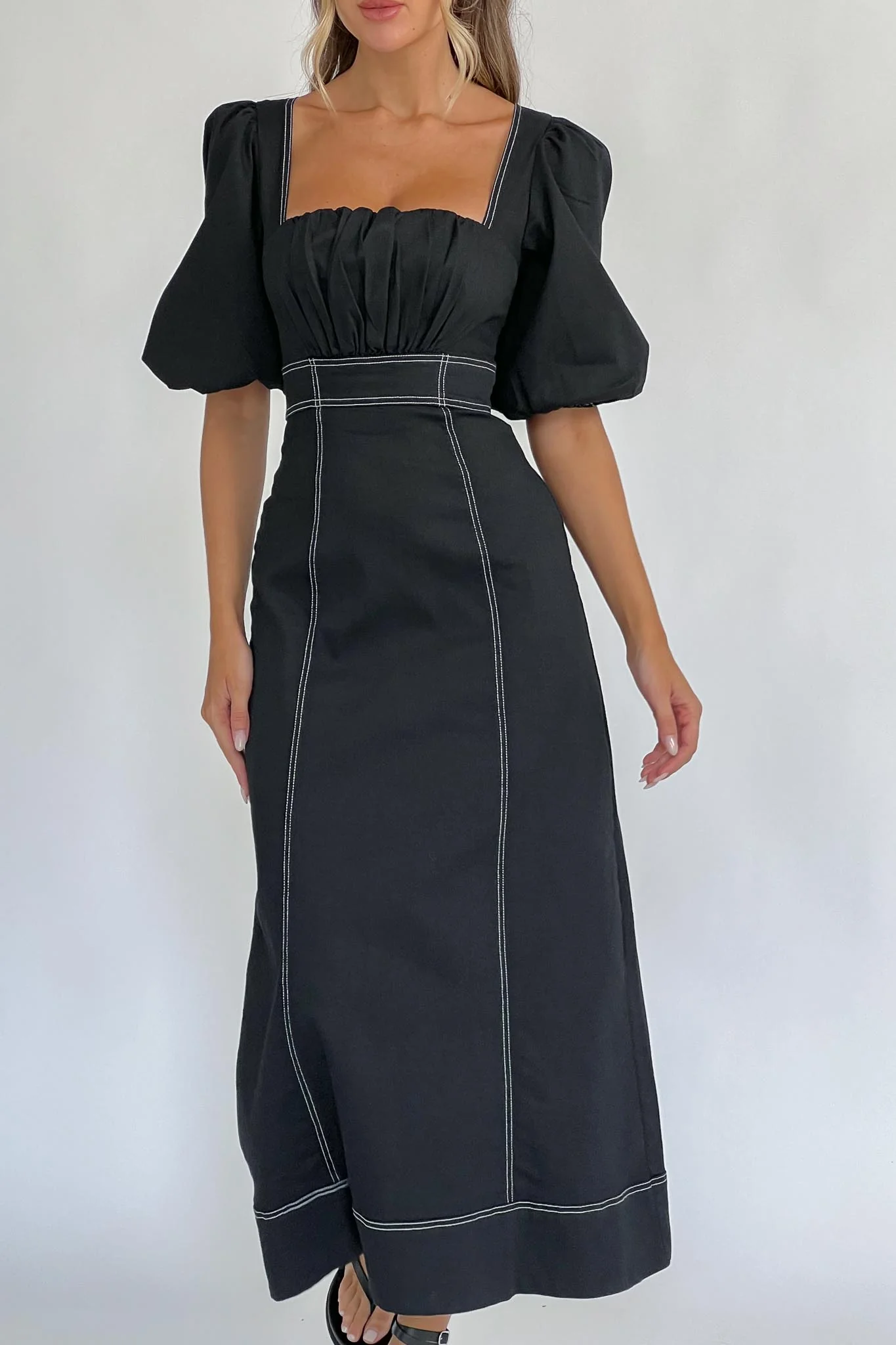 Sibille Puff Sleeve Contrast Stitch Dress Black - Seraphlike
