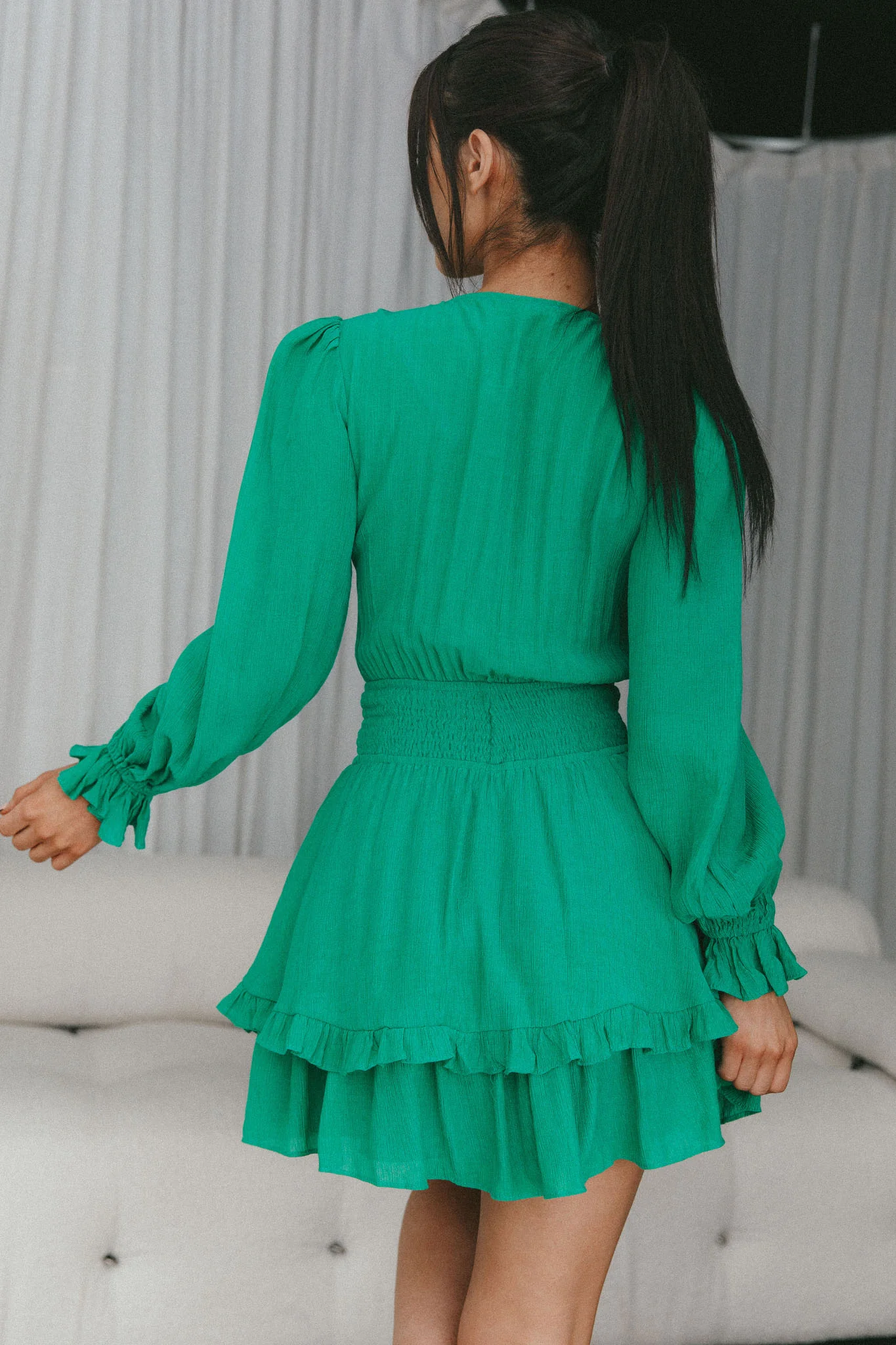 Anthea Bow-Tie Front Layered Frill Dress Green - Seraphlike