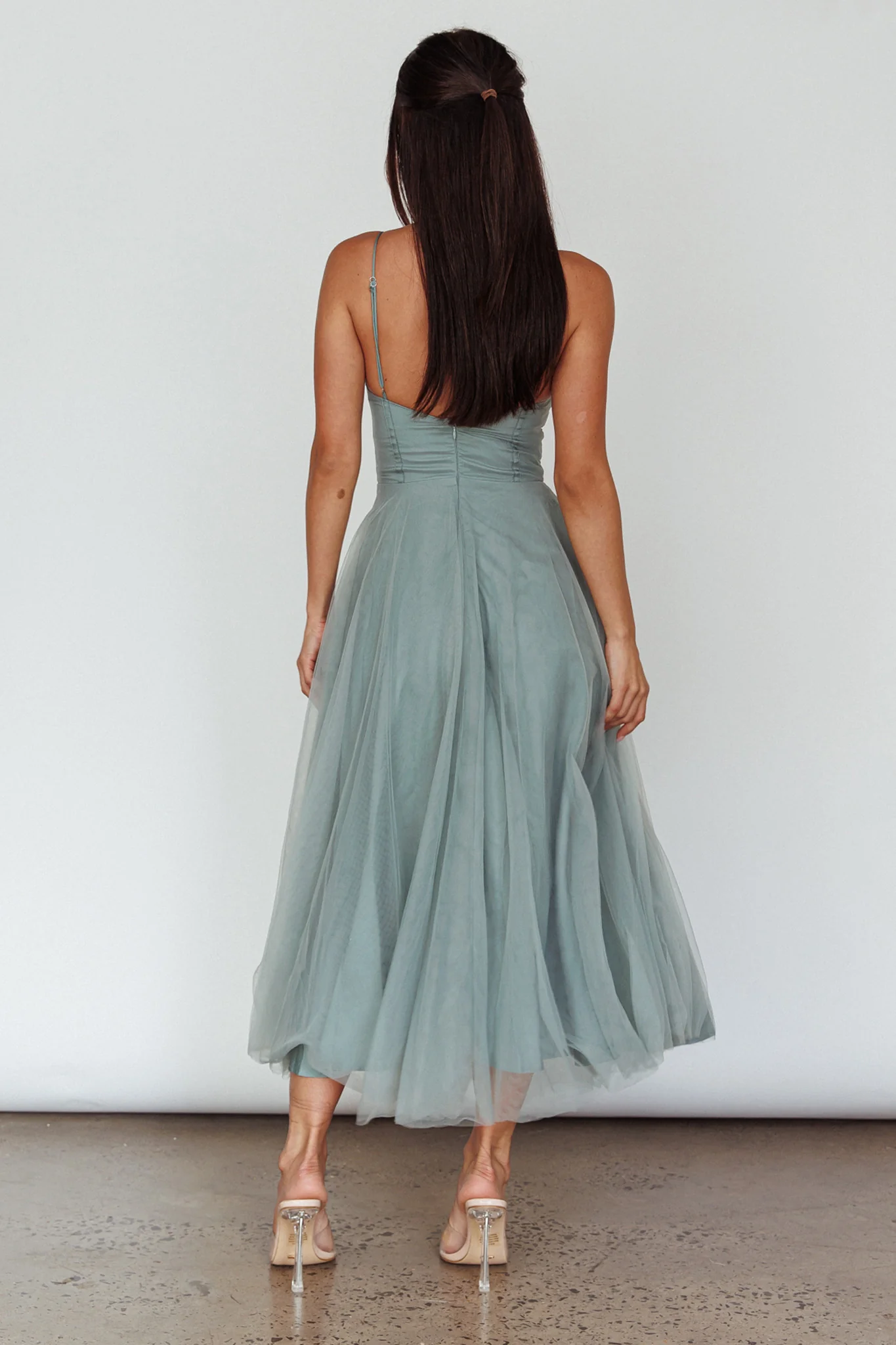 Smitten Lace Insert Tulle Midi Dress Sage - Seraphlike