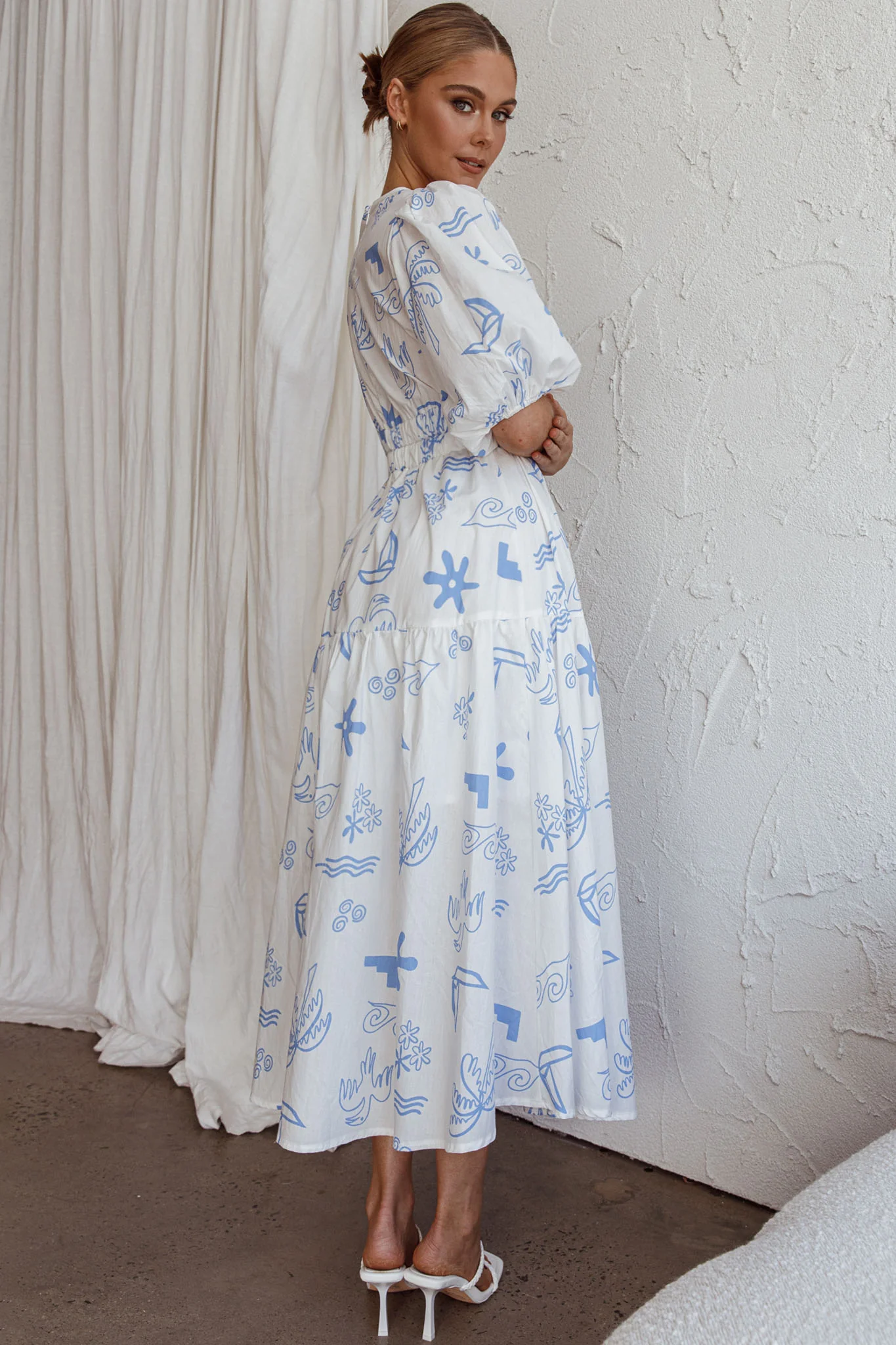 Summer Land V-Neckline Midi Dress Printed White - Seraphlike