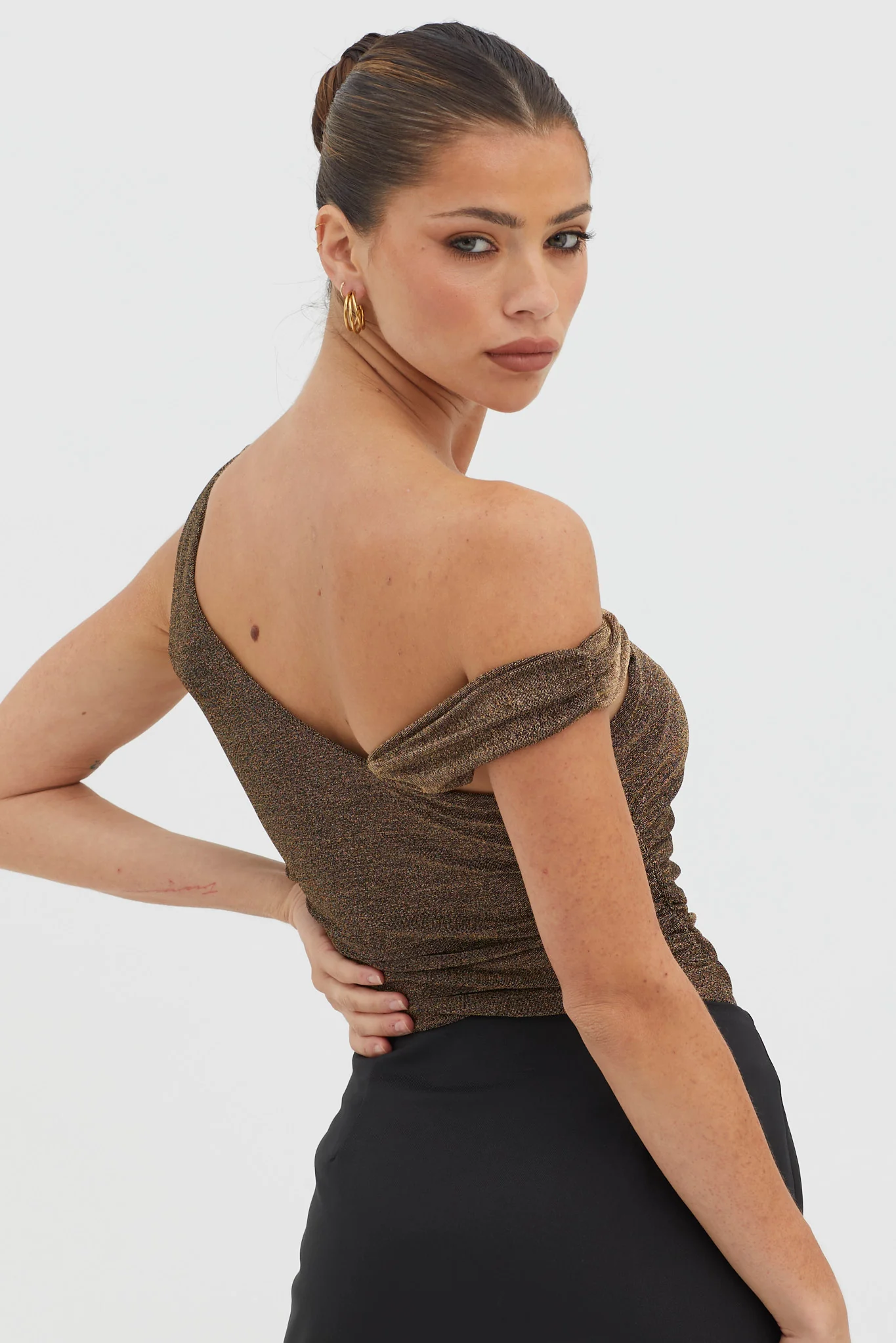 Deirdre Asymmetrical Strap Bodysuit Black/Gold - Seraphlike