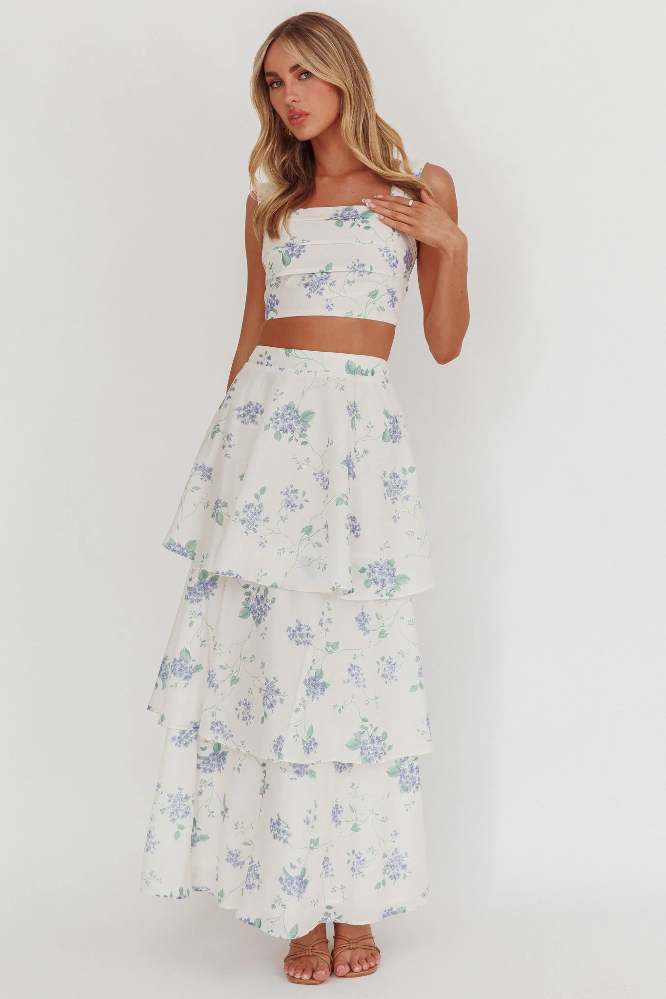 Dixon Tiered Maxi Skirt Floral Beige - Seraphlike