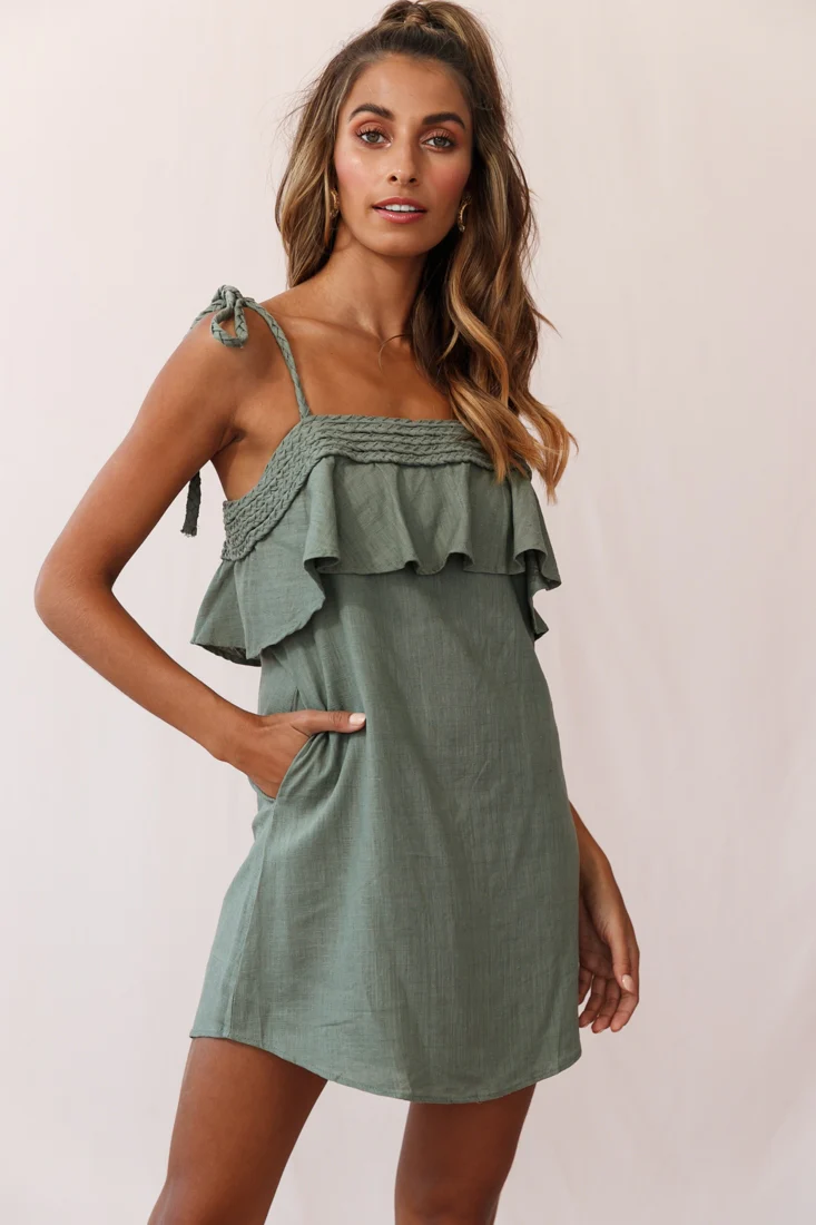 West Braid Detail Ruffle Bust Dress Olive - Seraphlike
