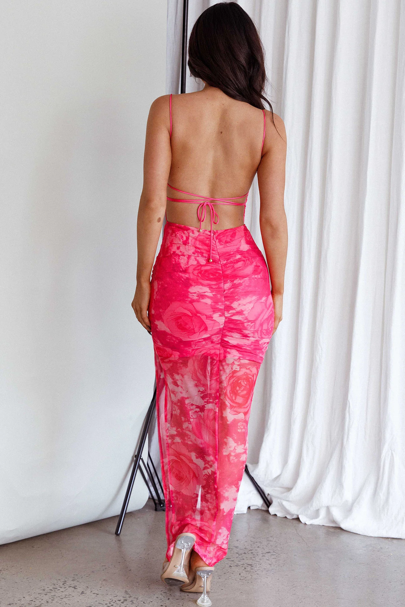 Madelyn Backless Midi Dress Rose Print Pink - Seraphlike