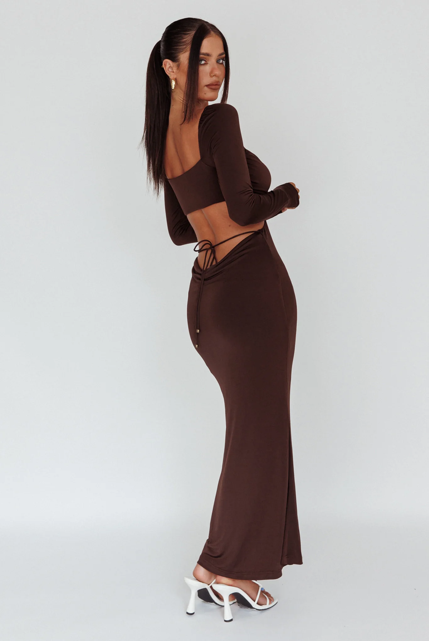 Vienna Long Sleeve Cut-Out Waist Maxi Dress Chocolate - Seraphlike
