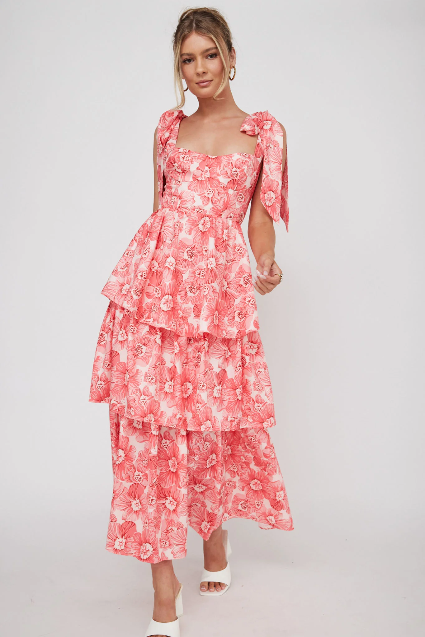 Arlowe Tied Shoulder Tiered Midi Dress Floral Pink - Seraphlike
