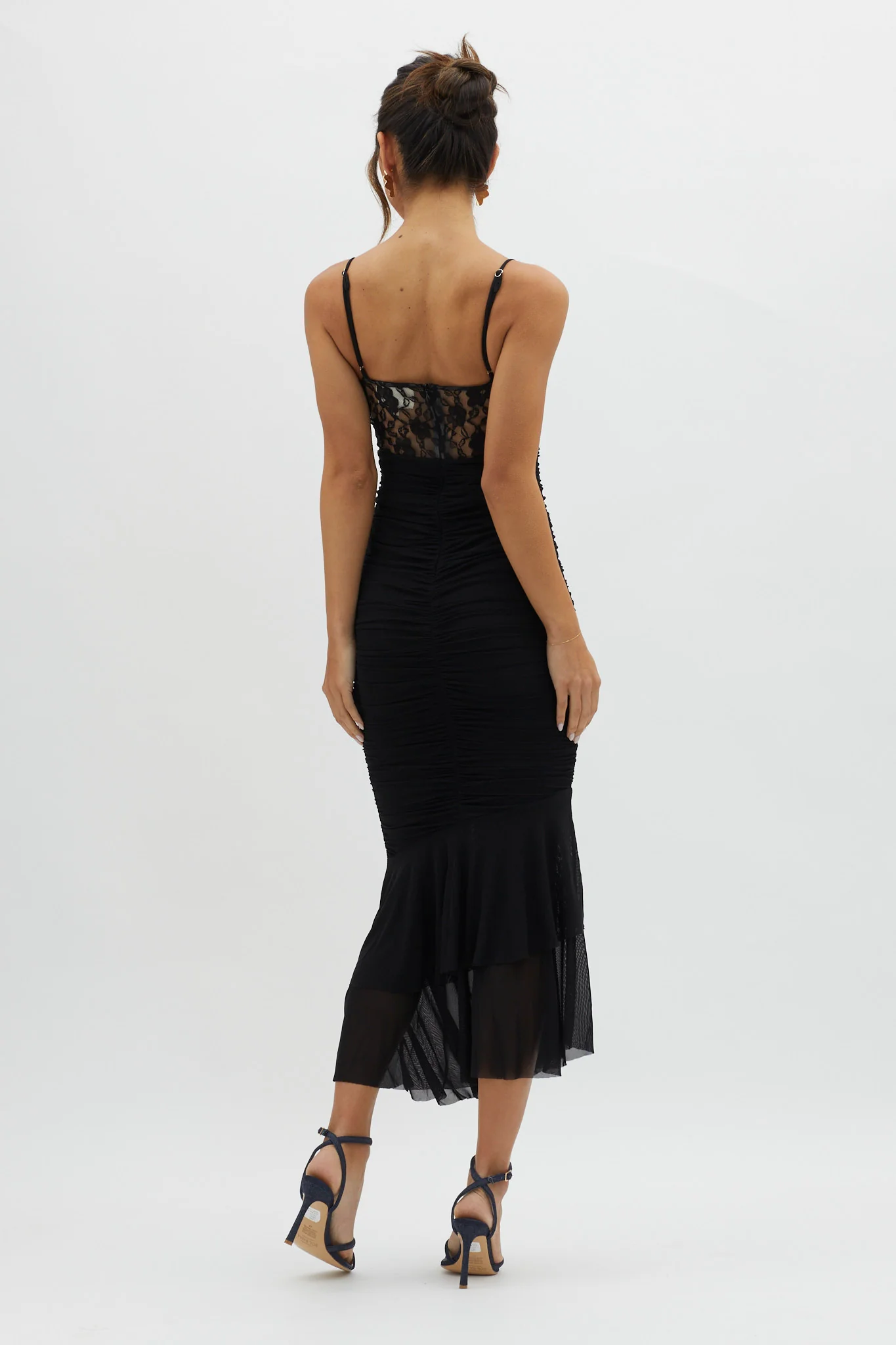 Cherubim Lace Insert Ruched Midi Dress Black - Seraphlike