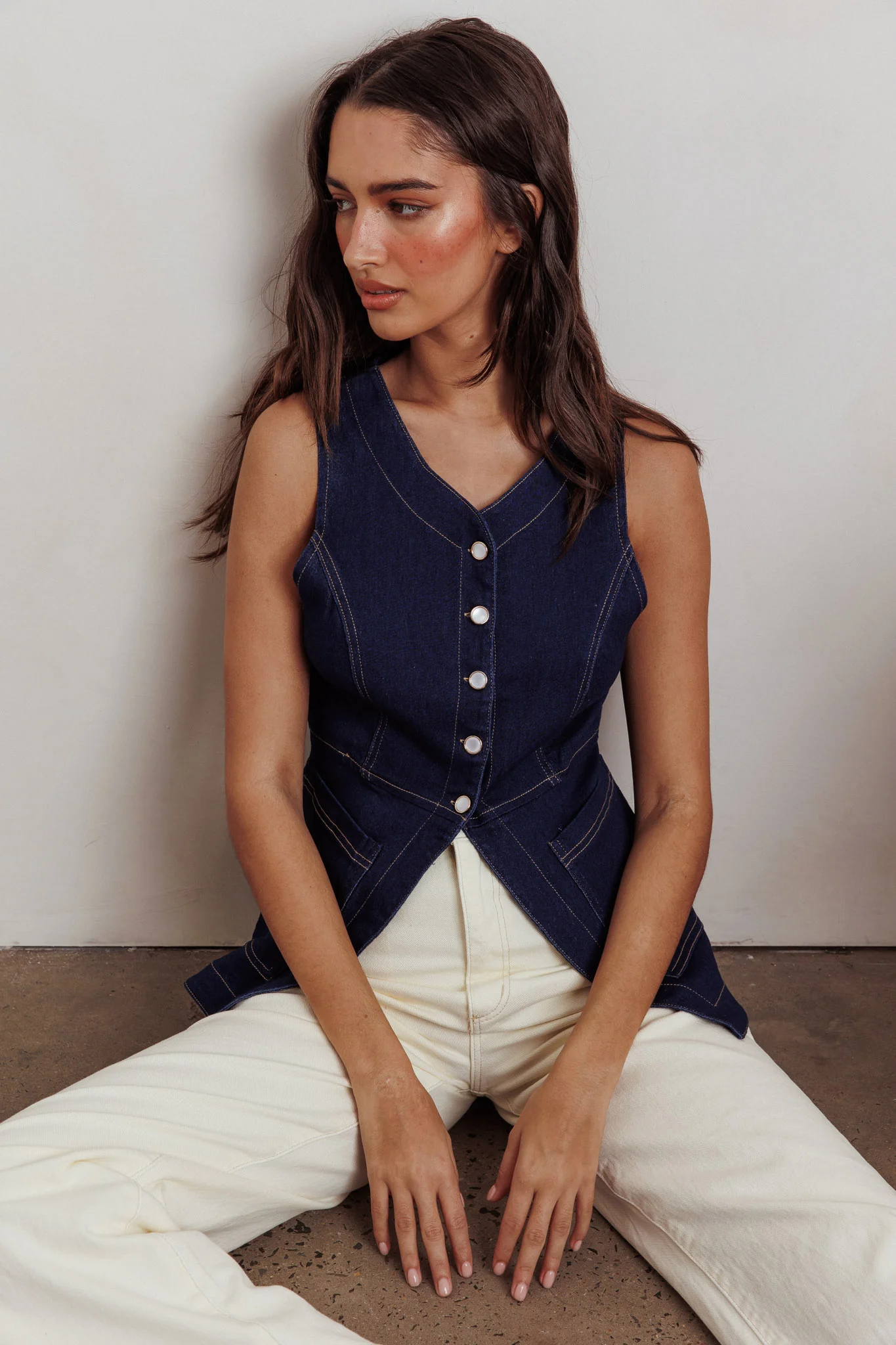 Philomena Button Front Pocket Vest Top Denim - Seraphlike