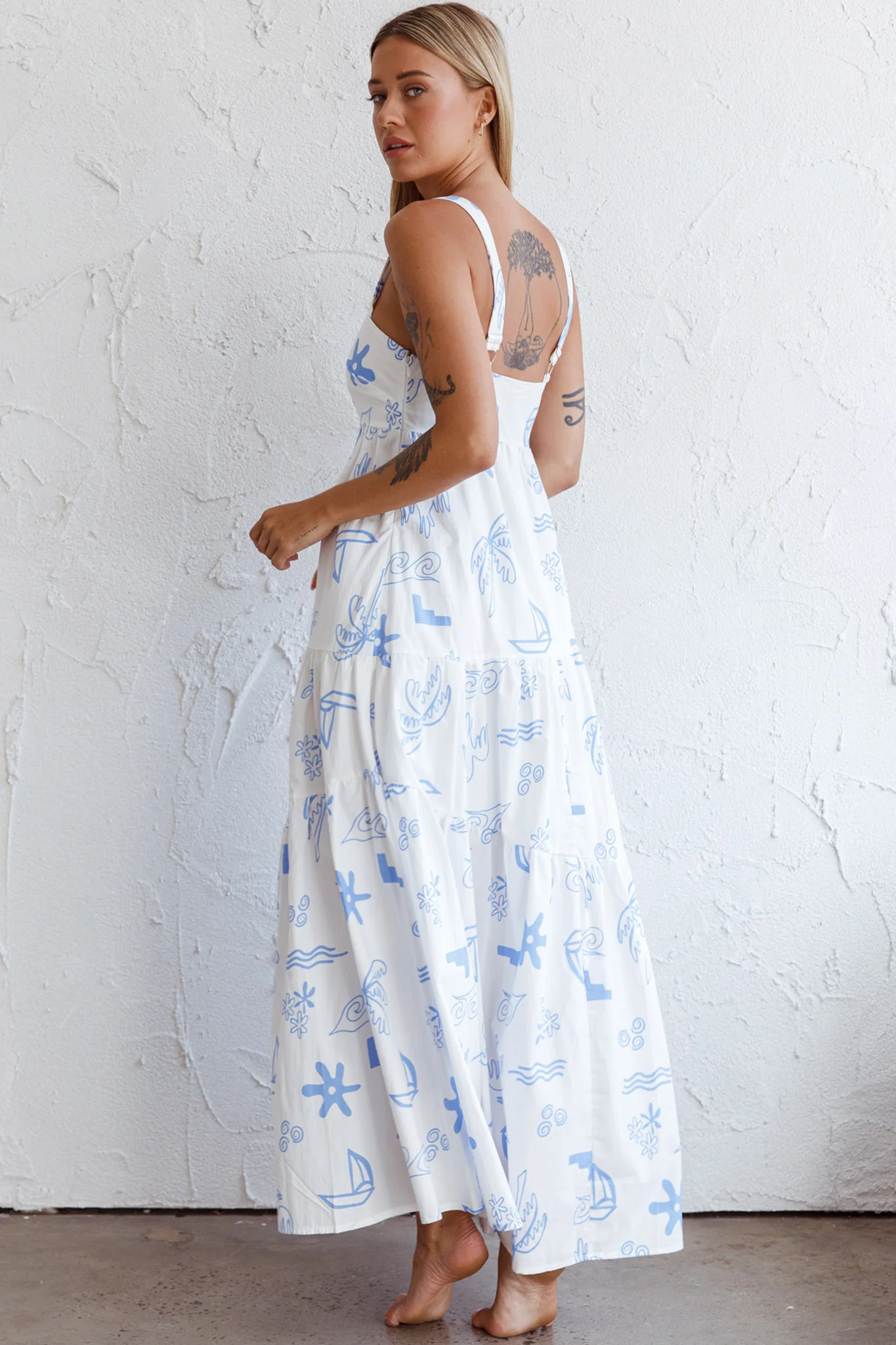 Indianna Square Neckline Maxi Dress Printed White - Seraphlike