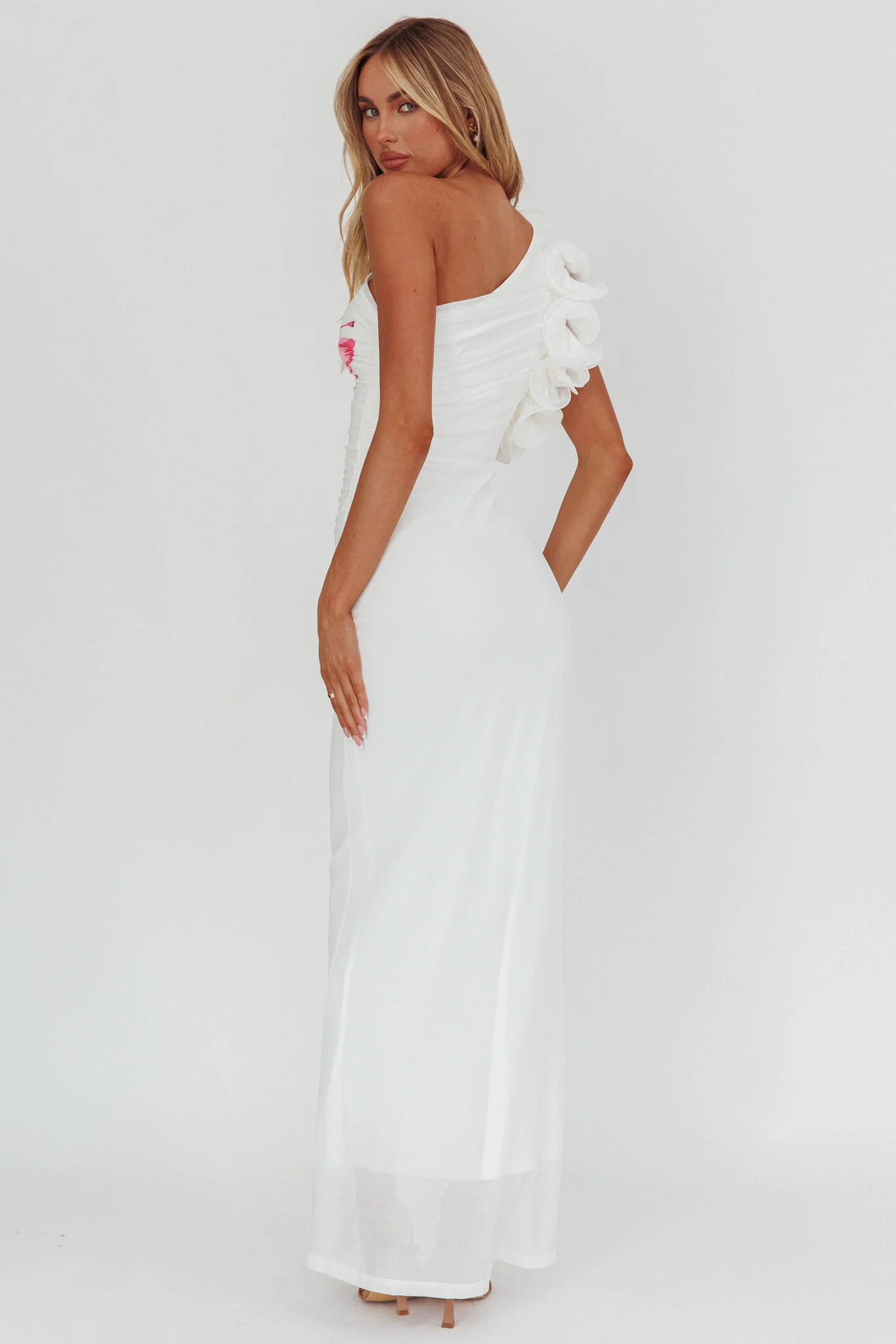 Deanna One-Shoulder Ruffle Maxi Dress Hibiscus White - Seraphlike