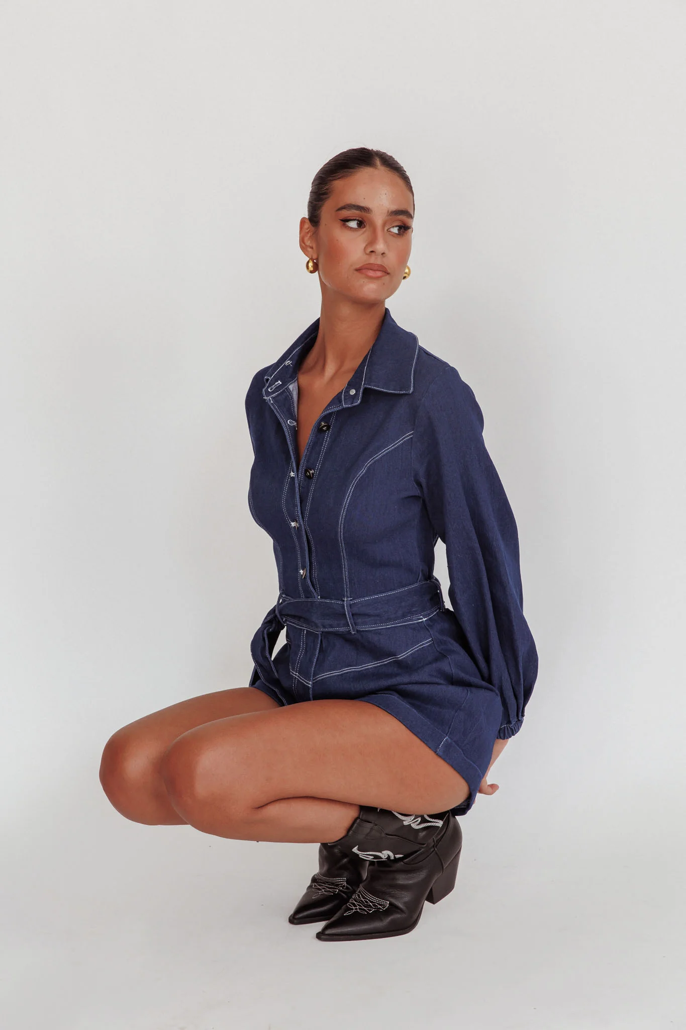 New Day Long Sleeve Button-Up Romper Indigo - Seraphlike