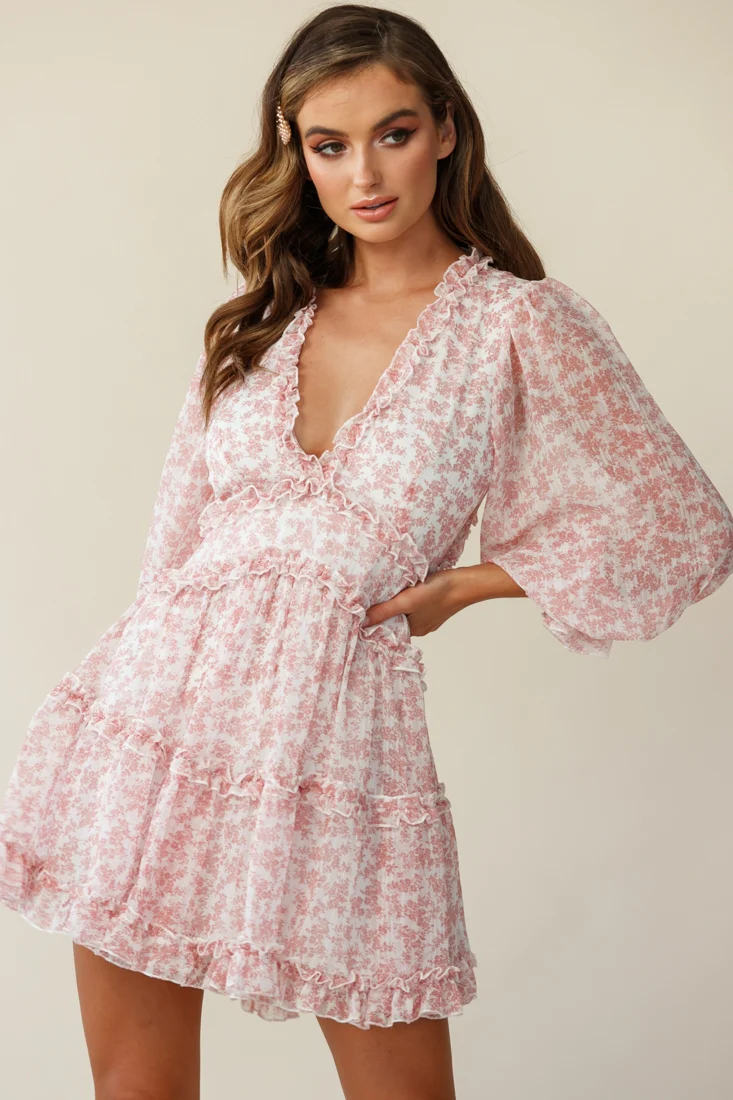 Laney Cutout Back Ruffle Trim Dress Floral Print Blush - Seraphlike