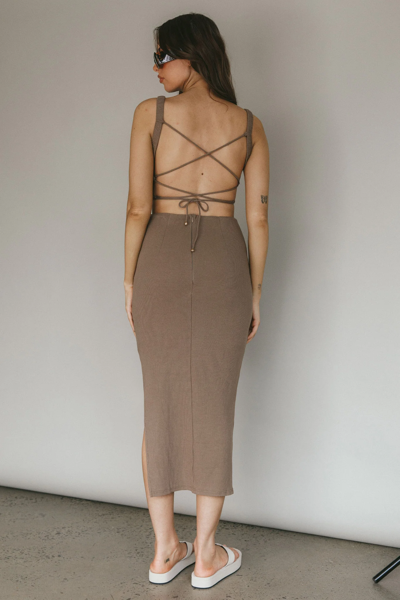 Dream Crush Lace-Up Back Side Split Midi Dress Khaki - Seraphlike