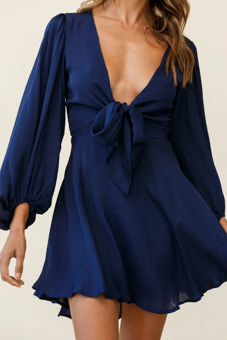 Madison Bow Tie Bust Balloon Sleeve Dress Navy - Seraphlike